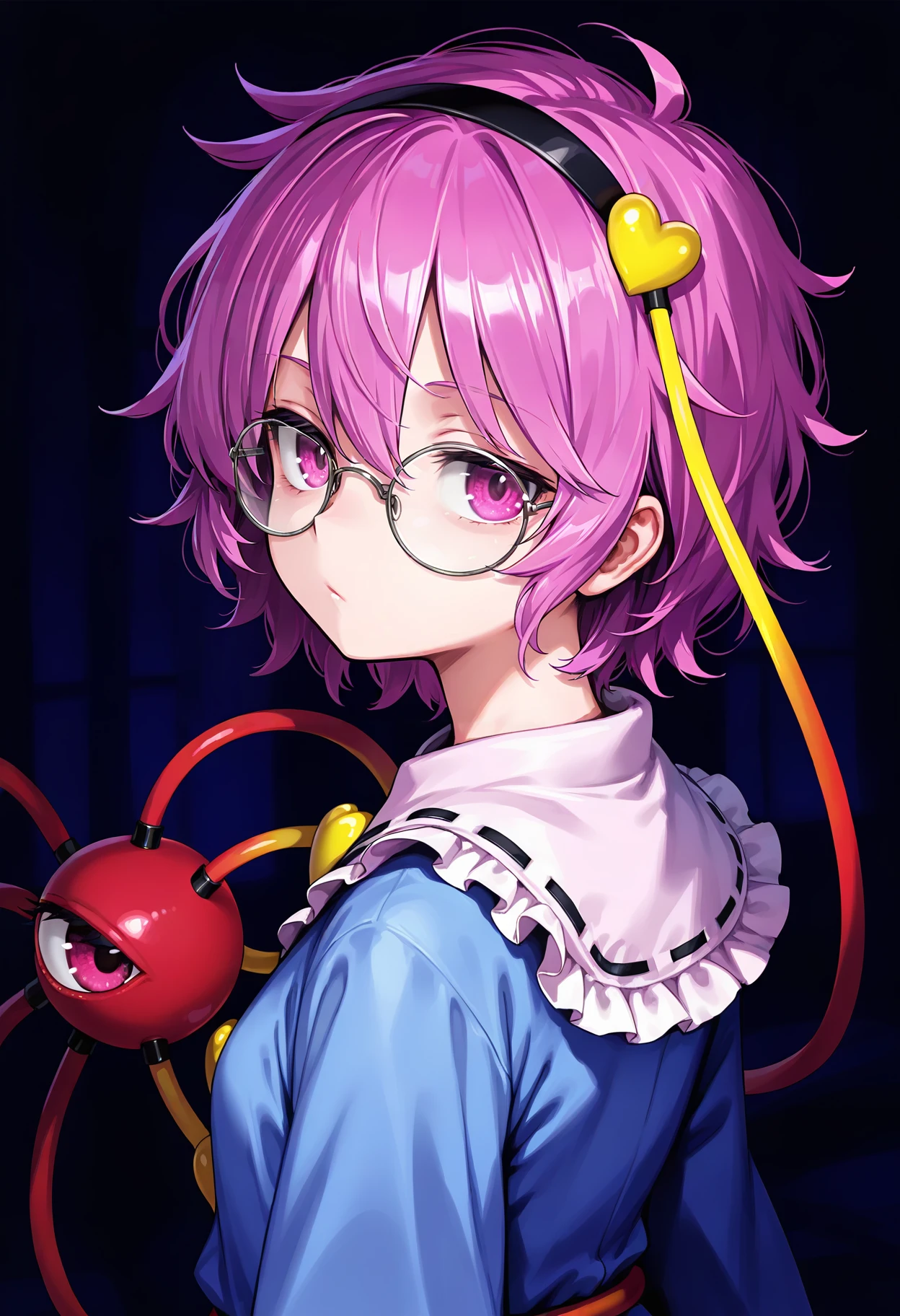 komeiji satori,1girl,:/,bespectacled,blue shirt,buttons,closed mouth,dark,expressionless,frilled shirt collar,frills,glasses,hair between eyes,hair ornament,hairband,heart,heart button,heart hair ornament,looking at viewer,looking back,messy hair,pink eyes,pink hair,round eyewear,shirt,short hair,solo,third eye,upper body