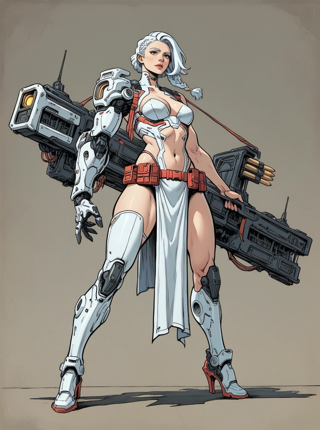 sref224194394, altshaped, overdesigned, 1girl, full body of cyberpunk lady, dynamic pose, breasts, navel, futuristic armor, led elements, white armored exoskeleton with energy cannon, cartridge belt, pelvic curtain, pauldrons, lips, nose, white hair, braid, red belt, mechanical arm with glowing tubes, missile pod, heavy rocket boots, high heels, asymmetrical clothes, <lora:sxz-sref224194394:0.8>