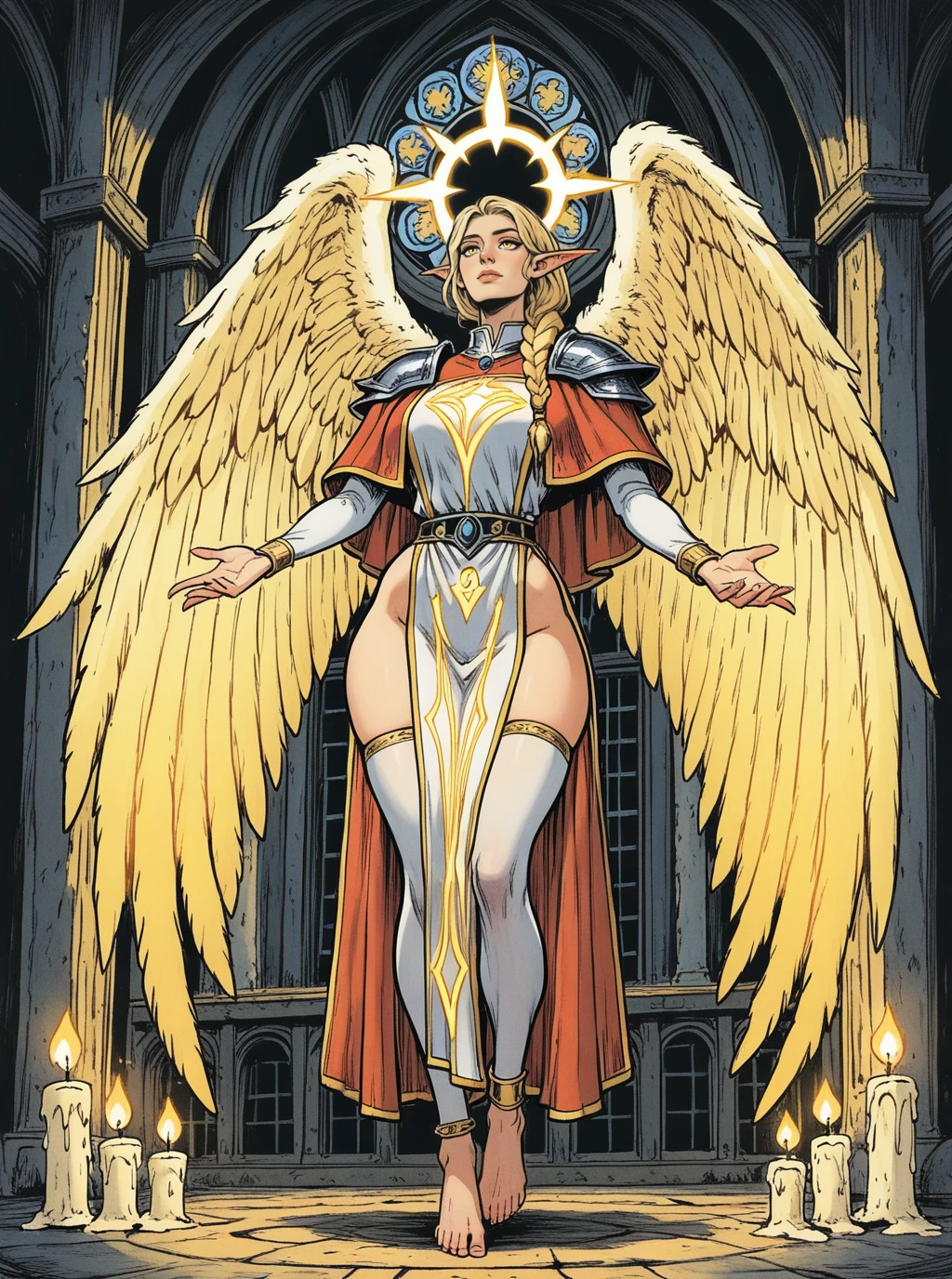 sref224194394, full body of elf woman wearing white tabard and red capelet, nose, lips, pauldrons, blonde, single braid, wide hips, legwear, barefoot, anklet, glowing angel wings, glowing halo, yellow eyes, particles, night, dark atmosphere, temple indoors, candles, stained glass windows, solo, glass shards, dynamic pose <lora:sxz-sref224194394:0.8>