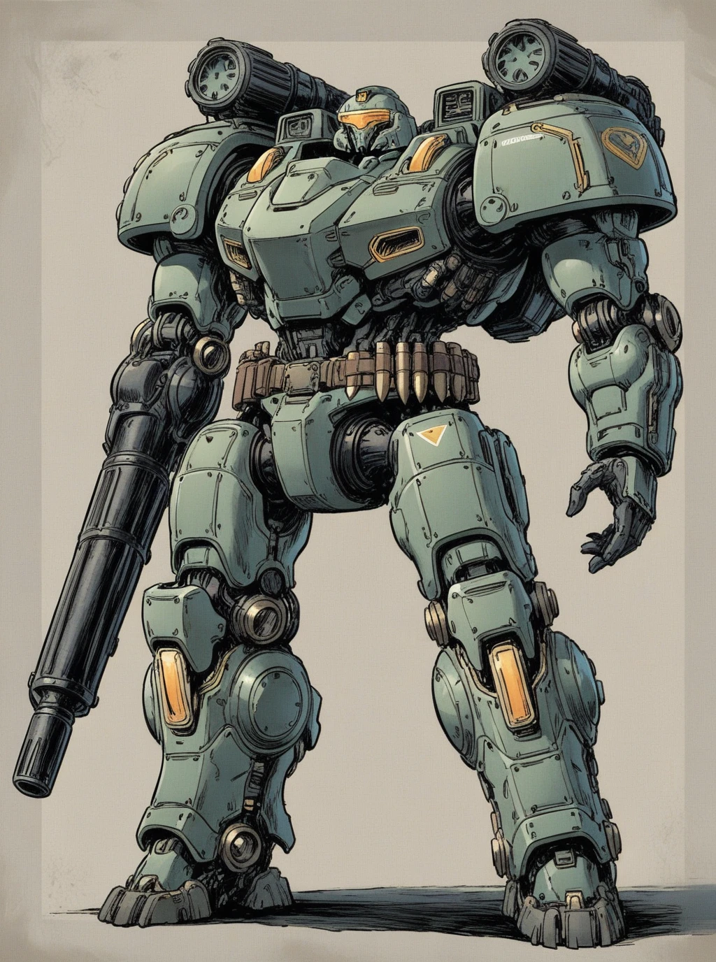 sref224194394, overdesigned heavy armored mecha, big shoulders, arm cannon, energy gun, cartridge belt, visor <lora:sxz-sref224194394:0.8>
