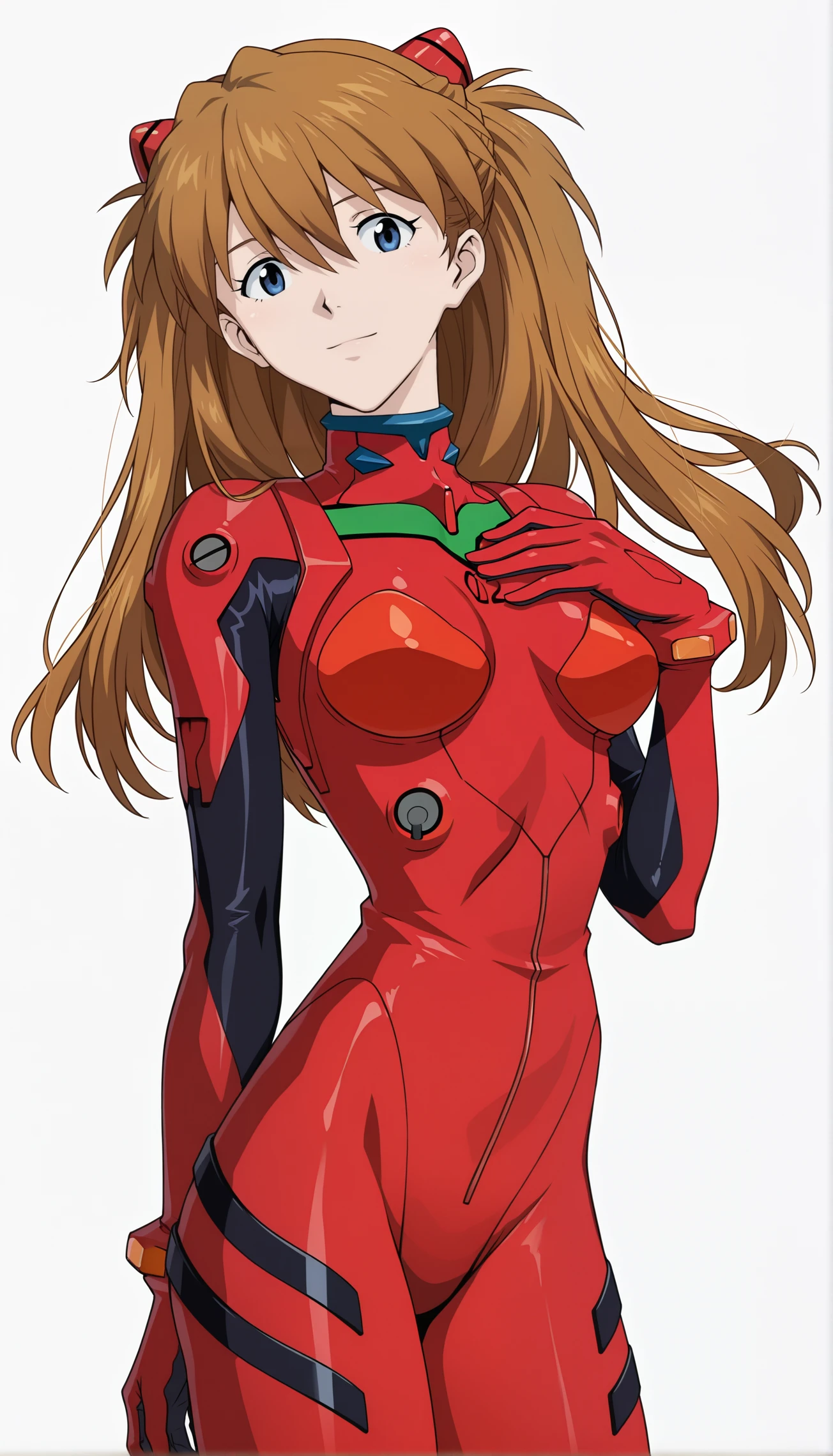 souryuu asuka langley, 1girl, interface headset, long hair, pilot suit, plugsuit, red bodysuit, light smile, looking at viewer, standing, hand on own chest, cowboy shot, arm behind back, white background, simple background, masterpiece, best quality, highres, very aesthetic, very awa, newest, amazing details, intricate details, ultra detailed