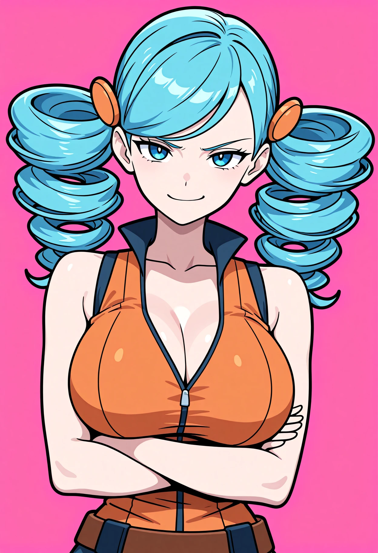 vector graphics, thick lines, flat colors, 1girl, solo, ac3trainerbw, drill hair, blue eyes, blue hair, orange vest, bare shoulders, large breasts, looking at viewer, smirk, arms crossed, pink background, absurdres, newest, masterpiece, top quality, best quality, <lora:AceTrainerBW:1>