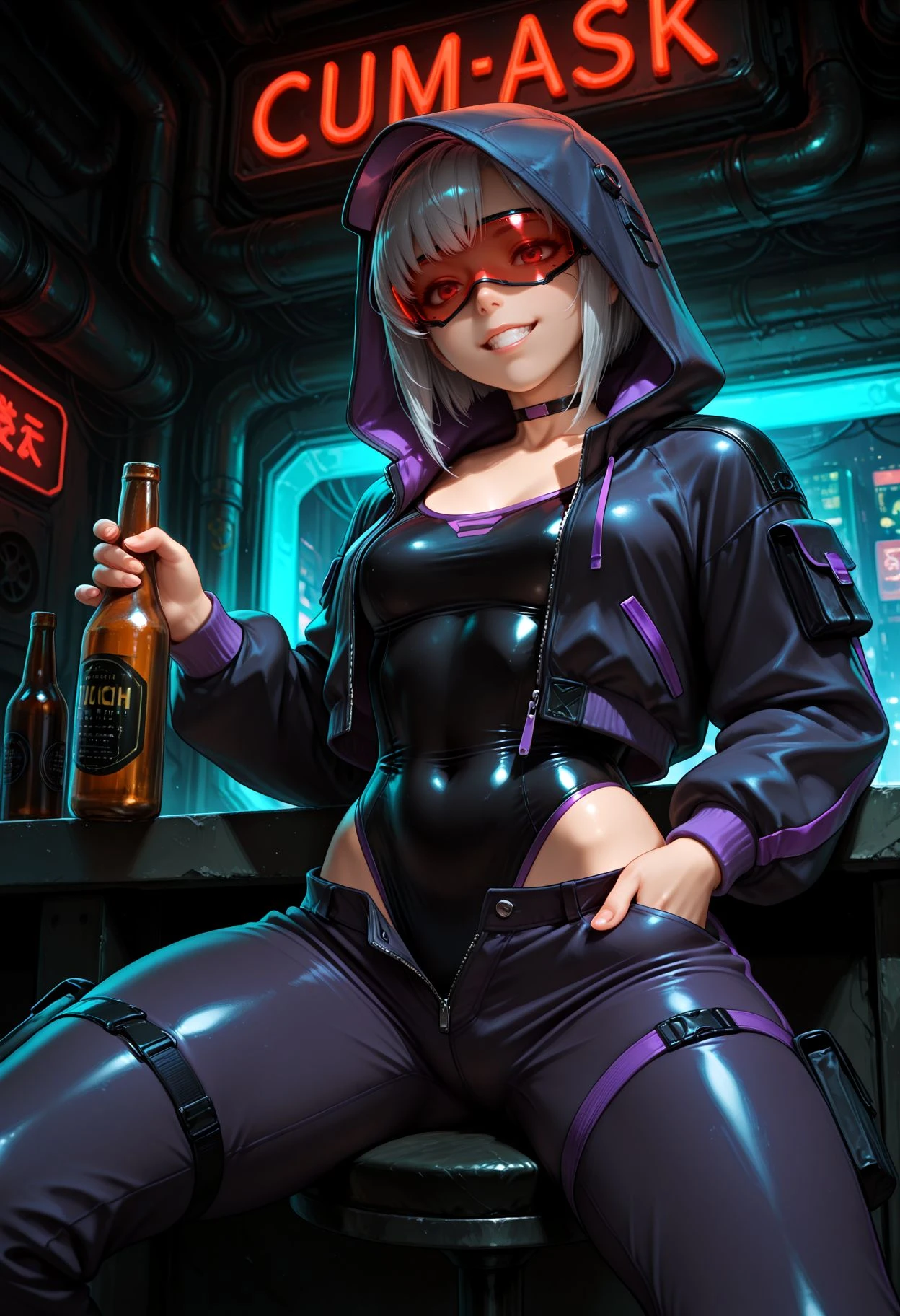 SmoothNoob_Quality, 1girl, solo, grin, silver hair, hooded cropped jacket, hoodie, hoodie over head, (shaded face), transparent red visor, unzipped pants, legs apart, choker, navel, leotard, purple trim, neon trim, underground club, cyberpunk, Techwear fashion, urban, tactical, neon lights, (dark:1.2), dynamic angle, multiple others, red lights, tables, sitting on stool, hand in pocket, hand holding beer bottle,