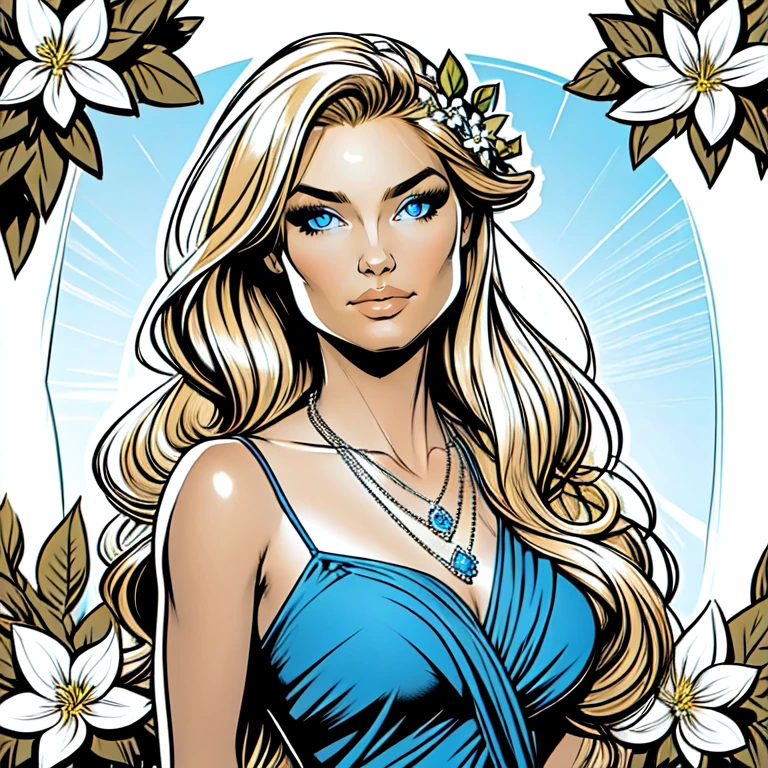 <lora:AzureSketchIllustrationIllustrious:1> ArsMJStyle, AzureSketch, Virgo, A woman with long blonde hair in a blue dress and necklace, surrounded by a wreath of flowers and leaves. 1girl, solo, flower, long hair, blonde hair, blue dress, jewelry, hair ornament, serene.