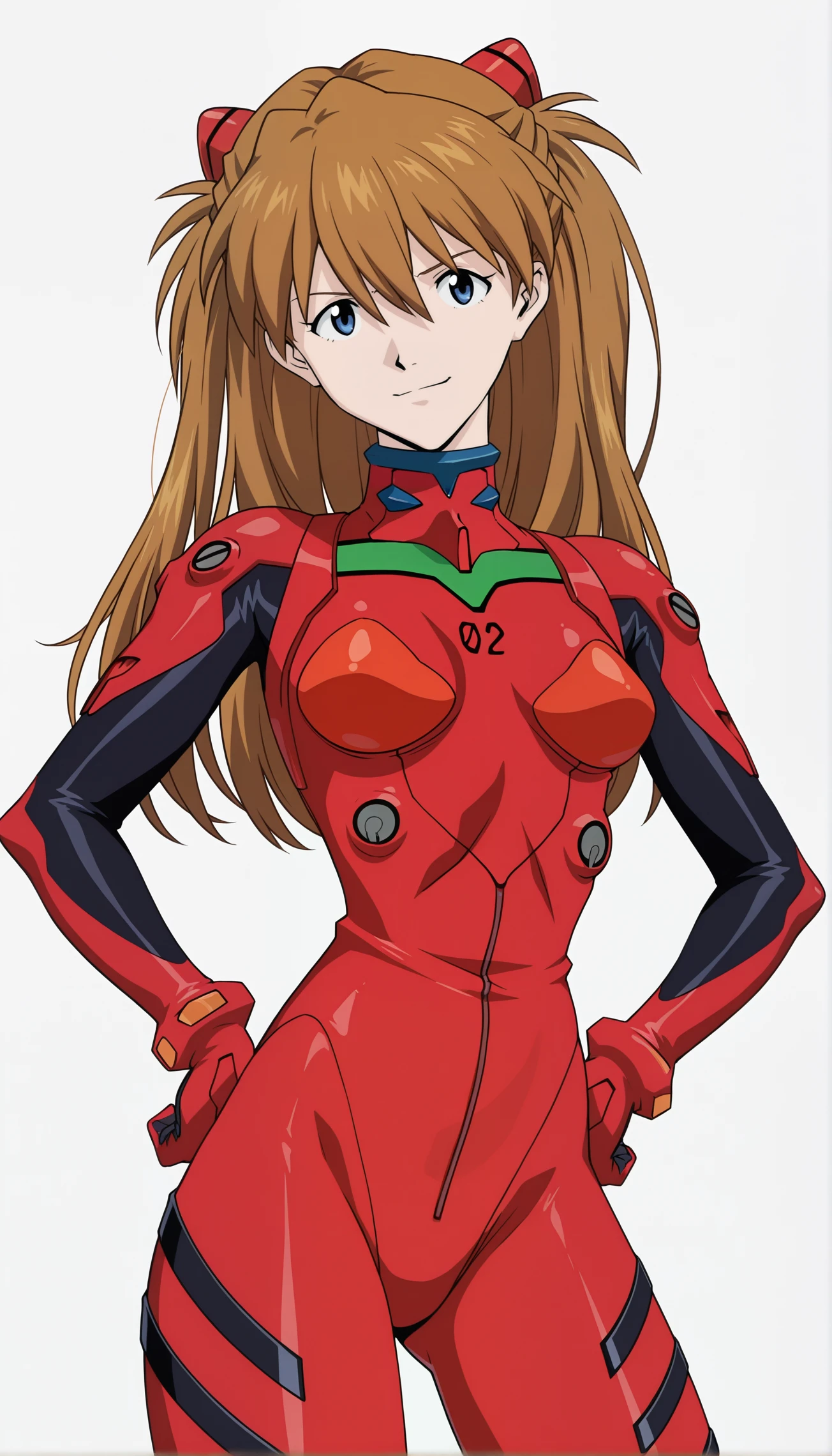 souryuu asuka langley, 1girl, smile, closed mouth, smirk, looking at viewer, interface headset, long hair, pilot suit, plugsuit, red bodysuit, standing, cowboy shot, hands on hips, white background, simple background, masterpiece, best quality, highres, very aesthetic, very awa, newest, amazing details, intricate details, ultra detailed