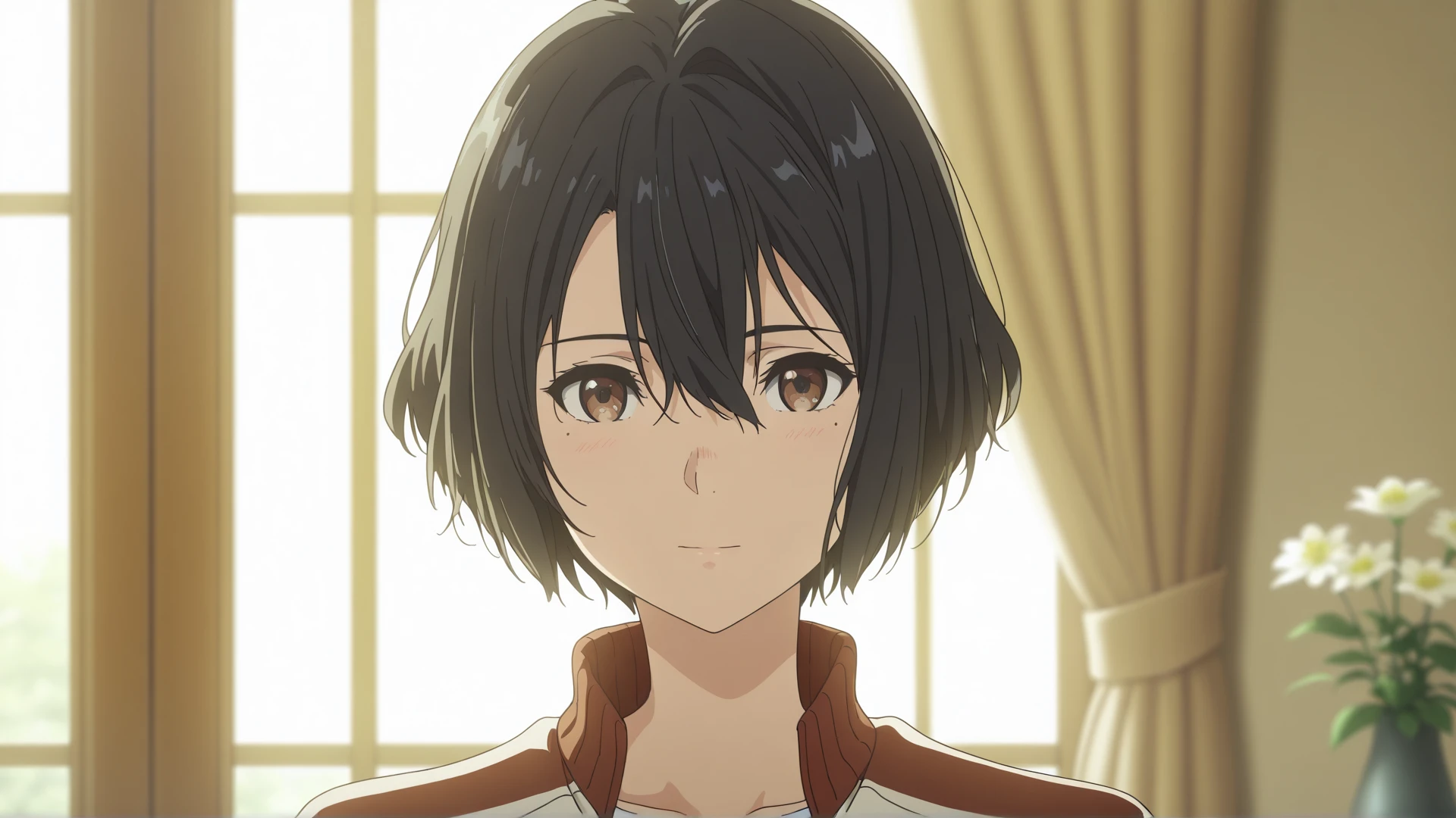 highres, hi res, best quality, masterpiece, 2d, intricate details, 4k, anime coloring, countershading,
looking at viewer, short hair, black hair, brown eyes, closed mouth, jacket, upper body, flower, day, indoors, mole, mole under eye, window, sunlight, curtains, backlighting
<lora:kyoto_animation_ILXL:1>, kyoto animation,