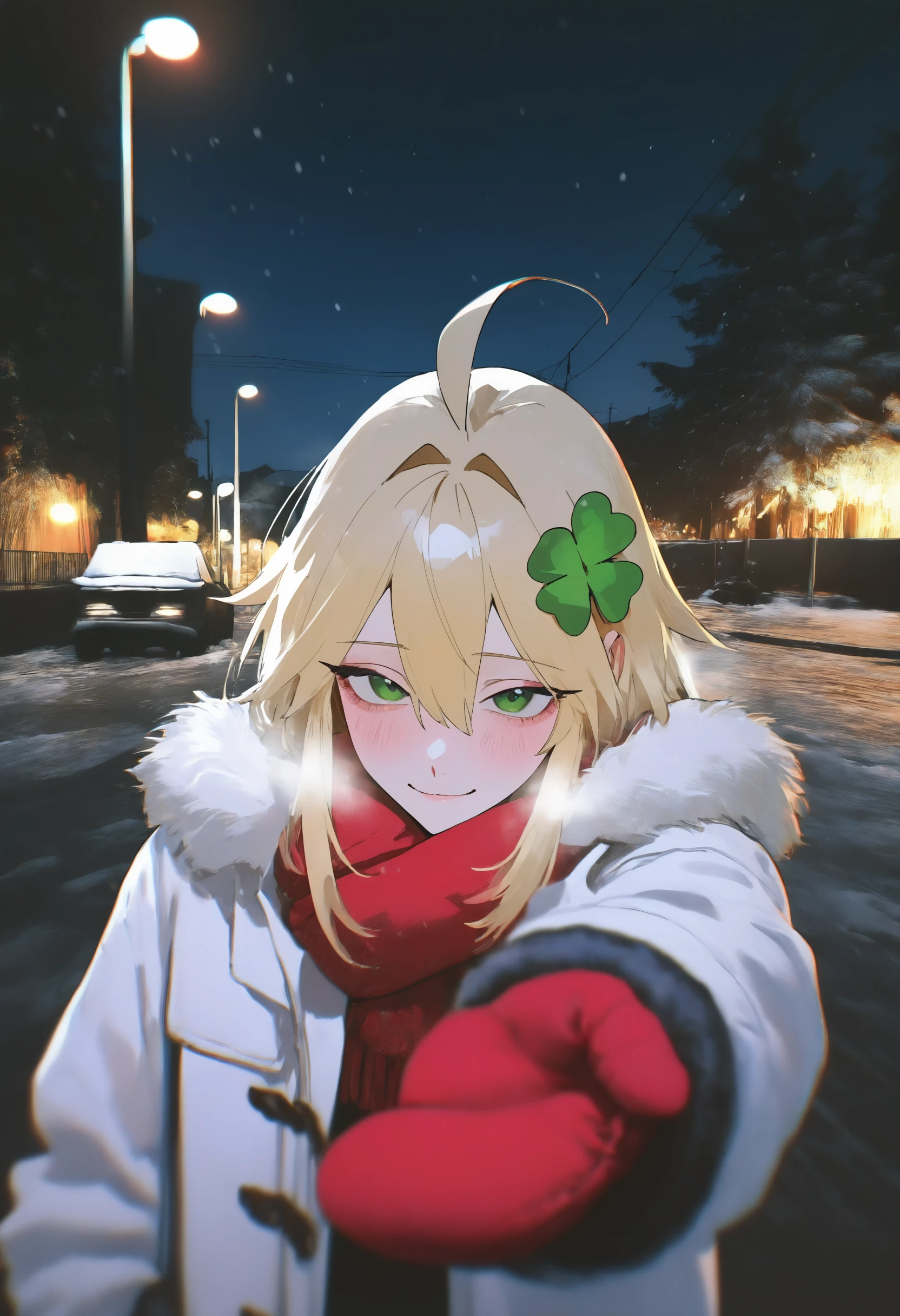 masterpiece, best quality, newest, absurdres, highres, very awa, anime screencap, film grain, painting \(medium\), ambient occlusion, depth of field, intricate background, bXVrd, 1girl, meme, scarf, coat, red scarf, photo background, solo, reaching towards viewer, green eyes, car, looking at viewer, white coat, reaching, red mittens, blonde hair, motor vehicle, duffel coat, outdoors, winter clothes, snow, long hair, mittens, fur trim, hair ornament, fur-trimmed coat, winter, tree, winter coat, utility pole, power lines, closed mouth, pov, blush, red gloves, open coat, gloves, night, hair between eyes, lamppost, upper body, open clothes, sky, ahoge, smile, light smile, clover hair ornament, jacket, hair intakes