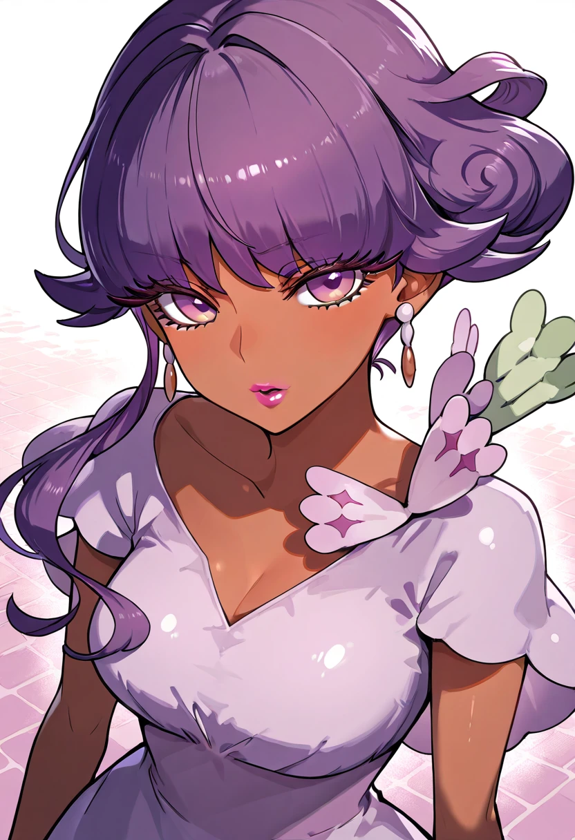 masterpiece, best quality, 1girl, solo, eyelashes, (beautiful eyes), zzTulip, purple eyes, purple hair, dark skin, dark-skinned female, jewelry, earrings, dress, makeup, lipstick, ,<lora:TulipPokemon_IXL:1.0>,