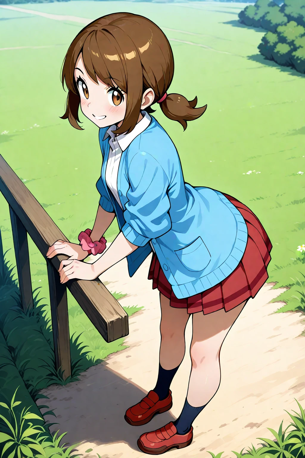 2d, masterpiece, best quality, amazing quality, 1girl, solo, from side, standing, smile, full body, leaning_forward, meadow, day, lassoras, lass \(pokemon oras\), brown eyes, short twintails, sidelocks, bangs, brown hair, blue cardigan, open cardigan, white shirt, collared shirt, red pleated skirt, wrist scrunchie, pink scrunchie, black socks, shoes, brown footwear