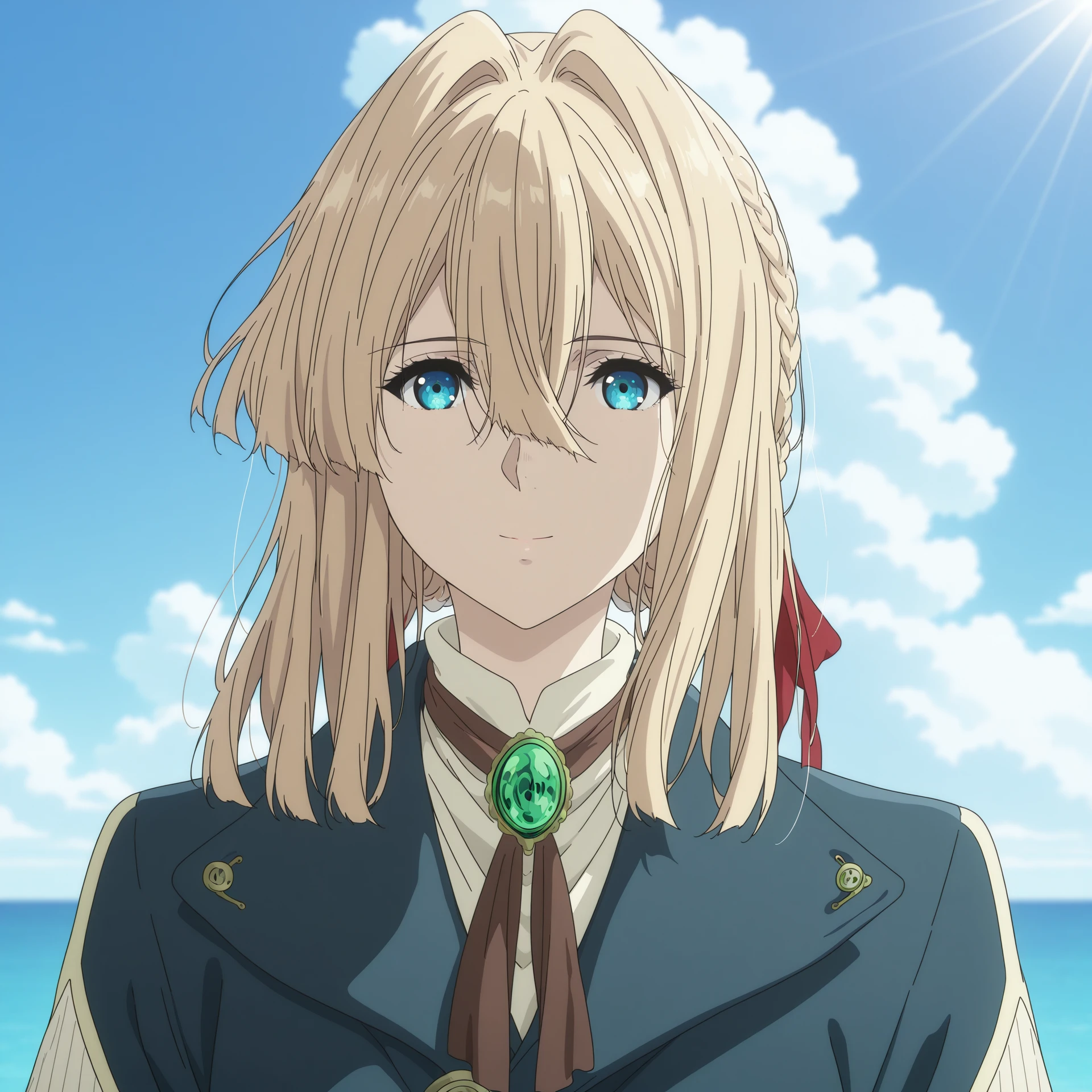 highres, hi res, best quality, masterpiece, 2d, intricate details, 4k, anime coloring, countershading,
1girl, solo, female, eyelashes, long hair, bangs, blue eyes, blonde hair, ribbon, hair between eyes, hair ribbon, braid, red ribbon, hair intakes, violet evergarden,
long sleeves, jewelry, jacket, ascot, blue jacket, brooch,
outdoors, sky, day, cloud, blue sky, ocean, cloudy sky, horizon,
depth of field, outdoors, in the sky, among the clouds, clouds, sky, blue sky, sun rays, sunlight,
<lora:kyoto_animation_ILXL:1>, kyoto animation,