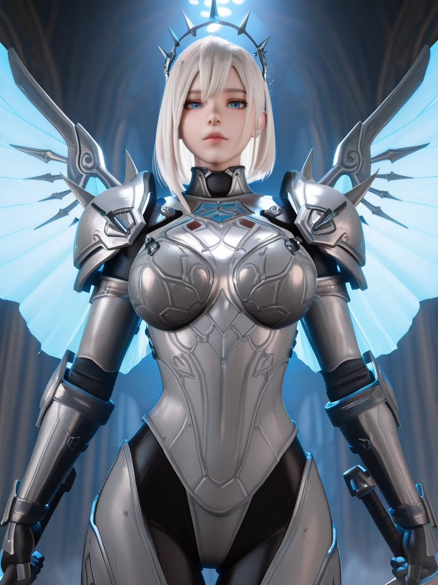 masterpiece, best quality, absurdres, highres, intricate, highly detailed, newest, detailed background, detailed face, detailed eyes,
volumetric lighting, dramatic lighting, dramatic shadows,
1girl, armor, weapon, wings, solo, shoulder armor, blue eyes, pauldrons, white hair, looking at viewer, power armor