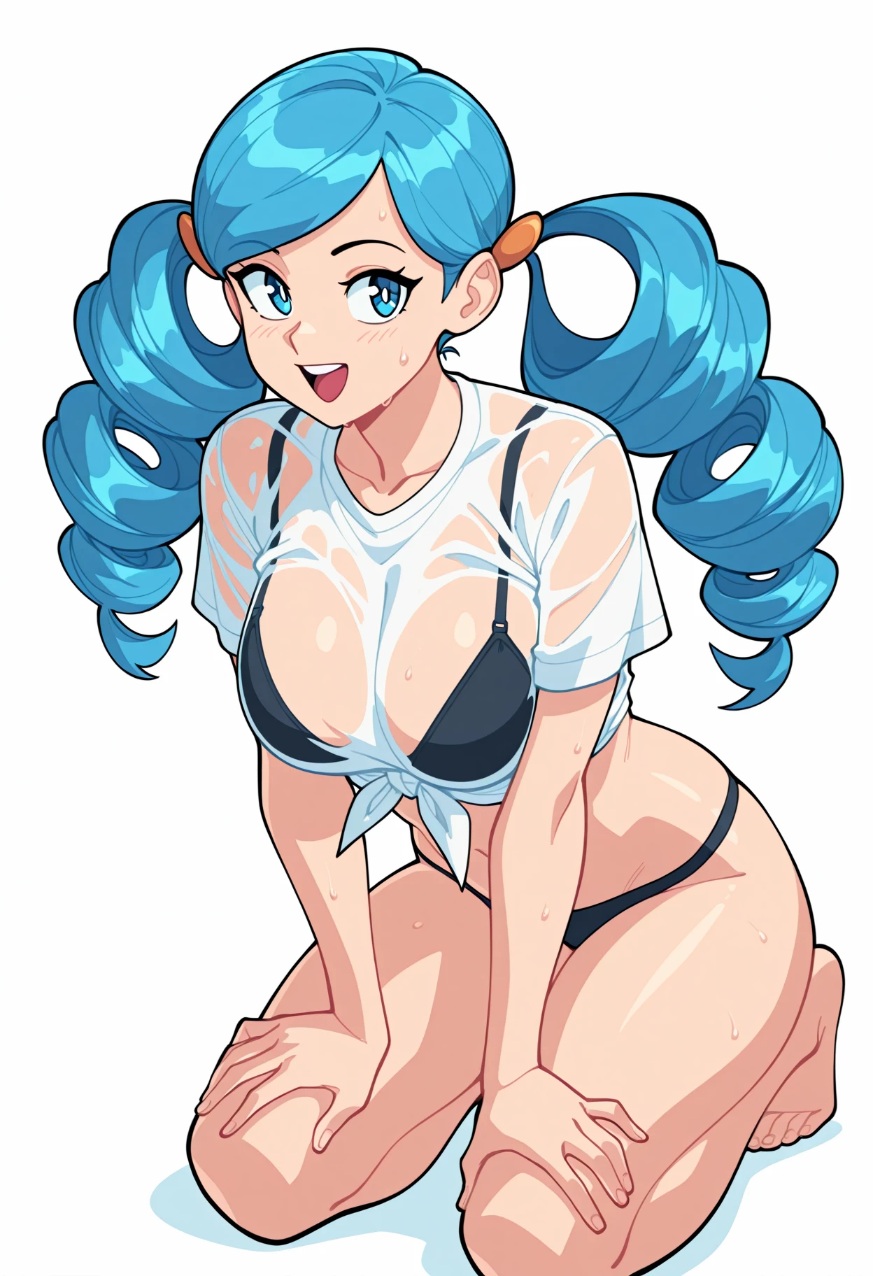 suoiresnu, 1girl, solo, ac3trainerbw, drill hair, blue eyes, blue hair, black bra, white tied shirt, see through shirt, wet shirt, large breasts, panties, kneeling, hands on knees, looking at viewer, open mouth, white background, absurdres, newest, masterpiece, top quality, best quality, <lora:AceTrainerBW:1>