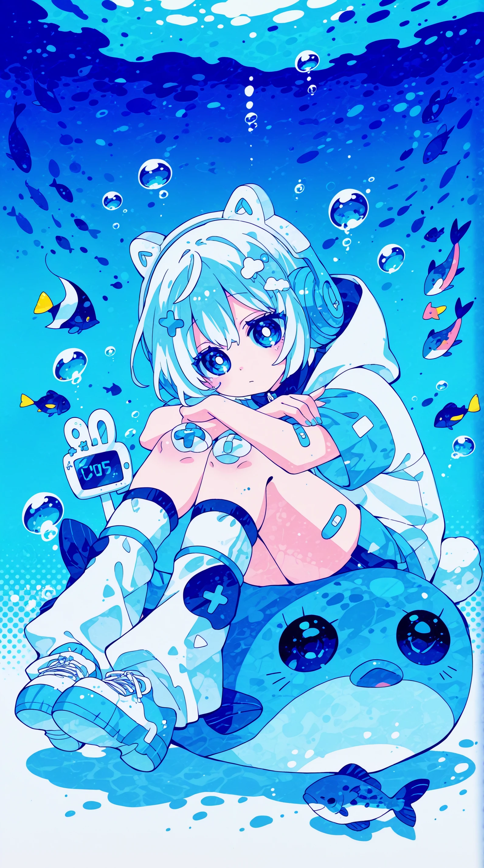 masterpiece, best quality,high quality, newest, highres,absurdres, traditional media, NanaseKirumi, 1girl, solo, bubble, short hair, blue theme, bandaid, short sleeves, headphones, fish, halftone, sitting, socks, bandaid on leg, rabbit, white hair, knees up, blue eyes <lora:Nanase_Kirumi_Style_IL:1>