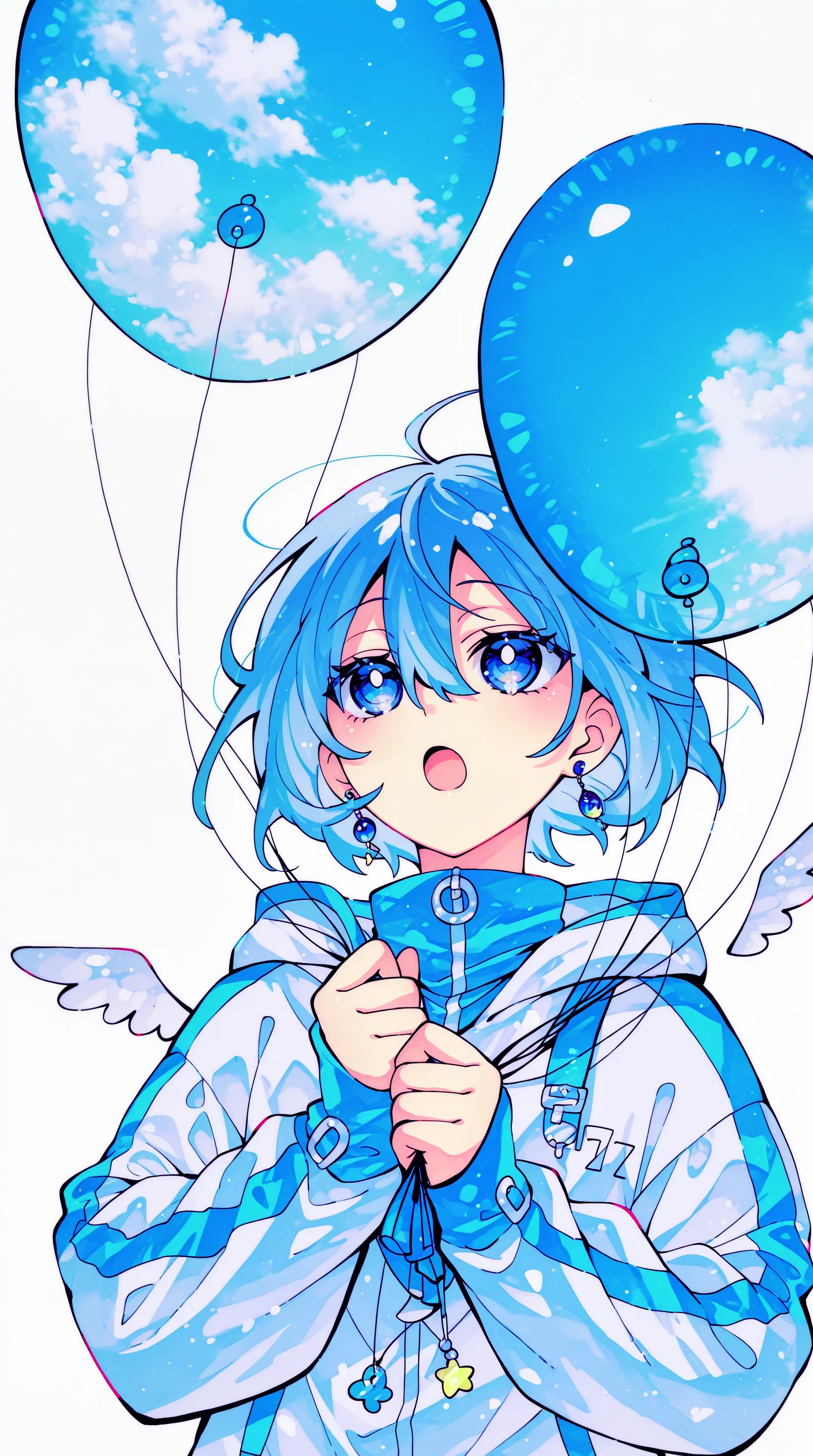 masterpiece, best quality,high quality, newest, highres,absurdres, traditional media, NanaseKirumi, balloon, solo, 1girl, holding, open mouth, holding balloon, blue eyes, blue hair, short hair, long sleeves, earrings, bangs, jewelry, hood, wings, upper body, white background, hair between eyes <lora:Nanase_Kirumi_Style_IL:1>