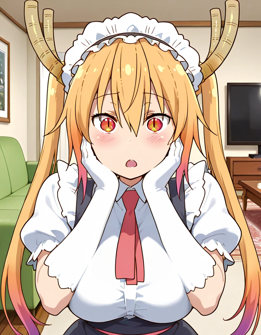 masterpiece, 4k, high quality, best quality, tohru (maidragon), 1girl, solo, long hair, blonde hair, dragon horns, dragon girl, twintails, multicolored hair, maid headdress, maid, gradient hair, red necktie, surprised face, hands on face, slit pupils, looking at viewer, hair between eyes, white gloves, orange hair, blush, large breasts, short sleeves, red eyes, open mouth, elbow gloves, bangs, puffy sleeves, maid dress, upper body, <lora:Tohru_Diffusion_SD_Illustrious-05:1>, indoors, living room, couch, tv, carpet, home, indoors background