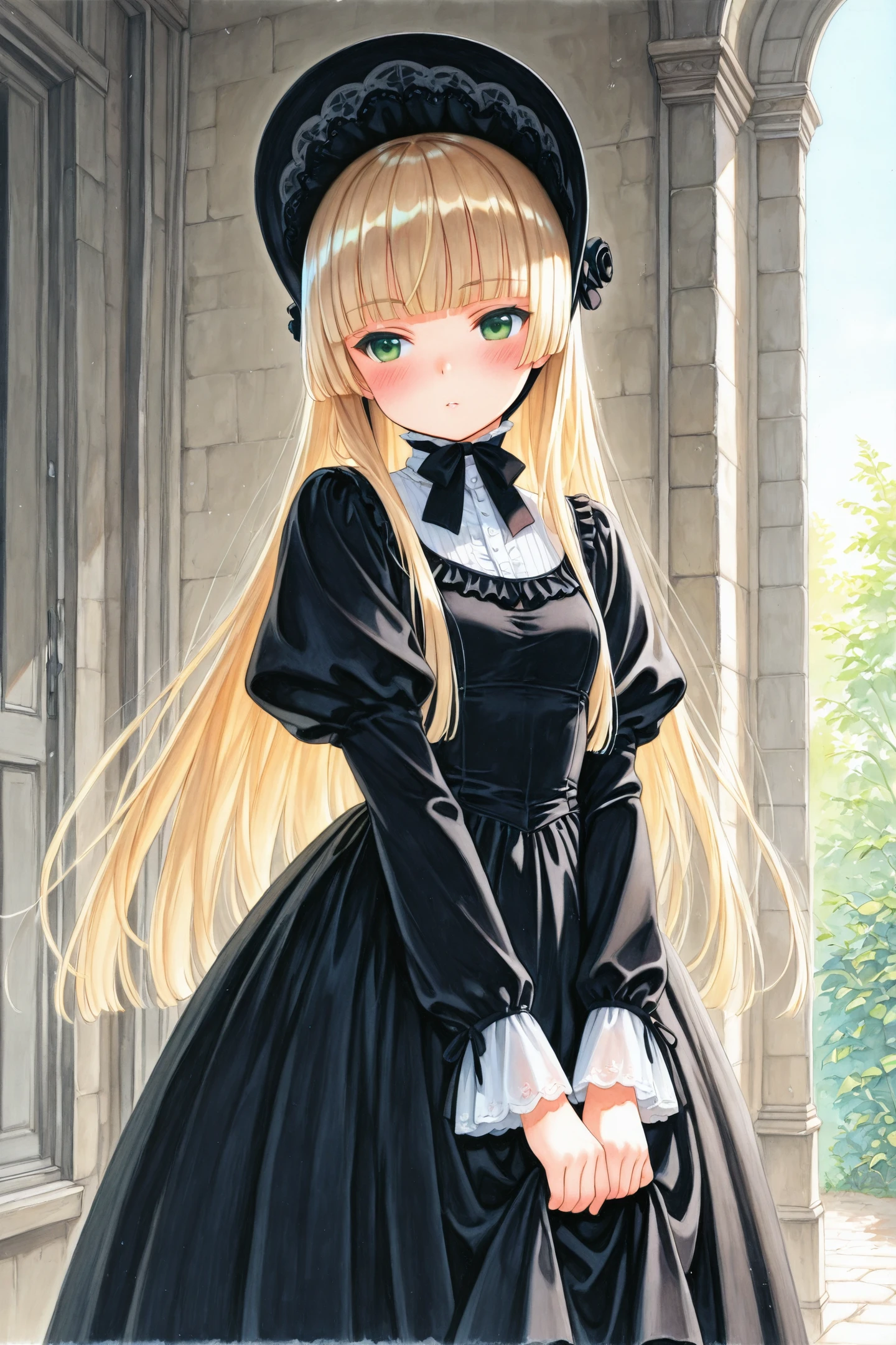 Victorique De Blois,1girl,solo,blonde hair,long hair,green eyes,black dress,blush,day,standing,hat,bonnet,traditional media,hime cut,
<lora:Hinata Takeda_illustriousXL:0.8>,
