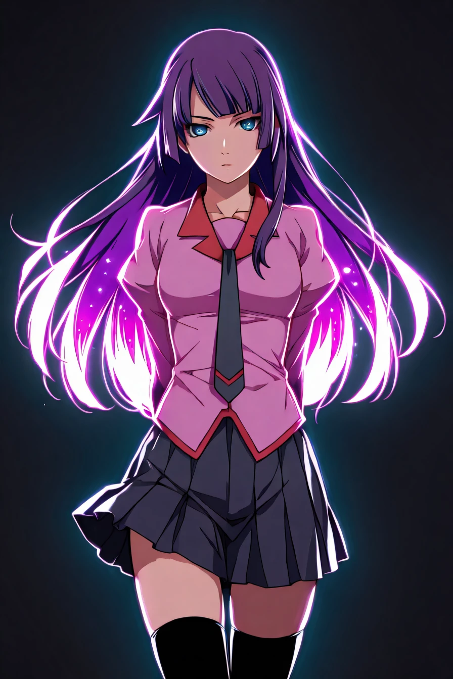 hitagi senjougahara, bangs, long hair, blue eyes, purple hair, skirt, glowing hair, thighhighs, school uniform, necktie, black thighhighs, zettai ryouiki, naoetsu high school uniform, 1girl, solo, alone, <lora:neon_silhouette_illustriousXL:1>, neon_silhouette_style, masterpiece, highres