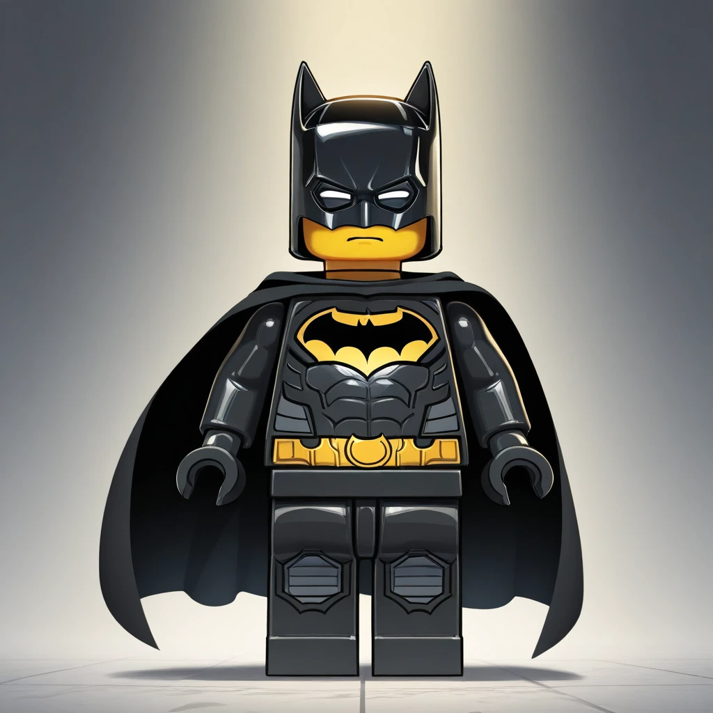 masterpiece, best quality, legominifigures, lego, no humans, 1boy, solo, batman, bodysuit, helmet, black cape, <lora:LegoMinifigureArtwork_illustrious_Leaf1:1>,