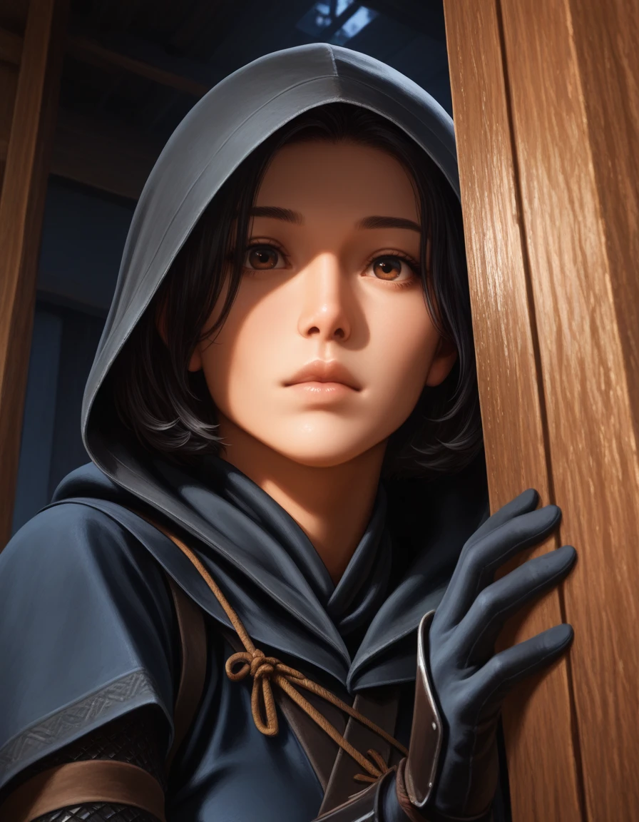 1girl, ACNaoe, gloves, black hair, brown eyes, short hair, dark [blue::0.4] ninja outfit, , hood, close-up, sneaking, peeking, indoors, feudal japan, medieval, dynamic angle
, night, solo
,  masterpiece, best quality, realistic, <lora:IL_ACShadows_t4-100-64:1.0>