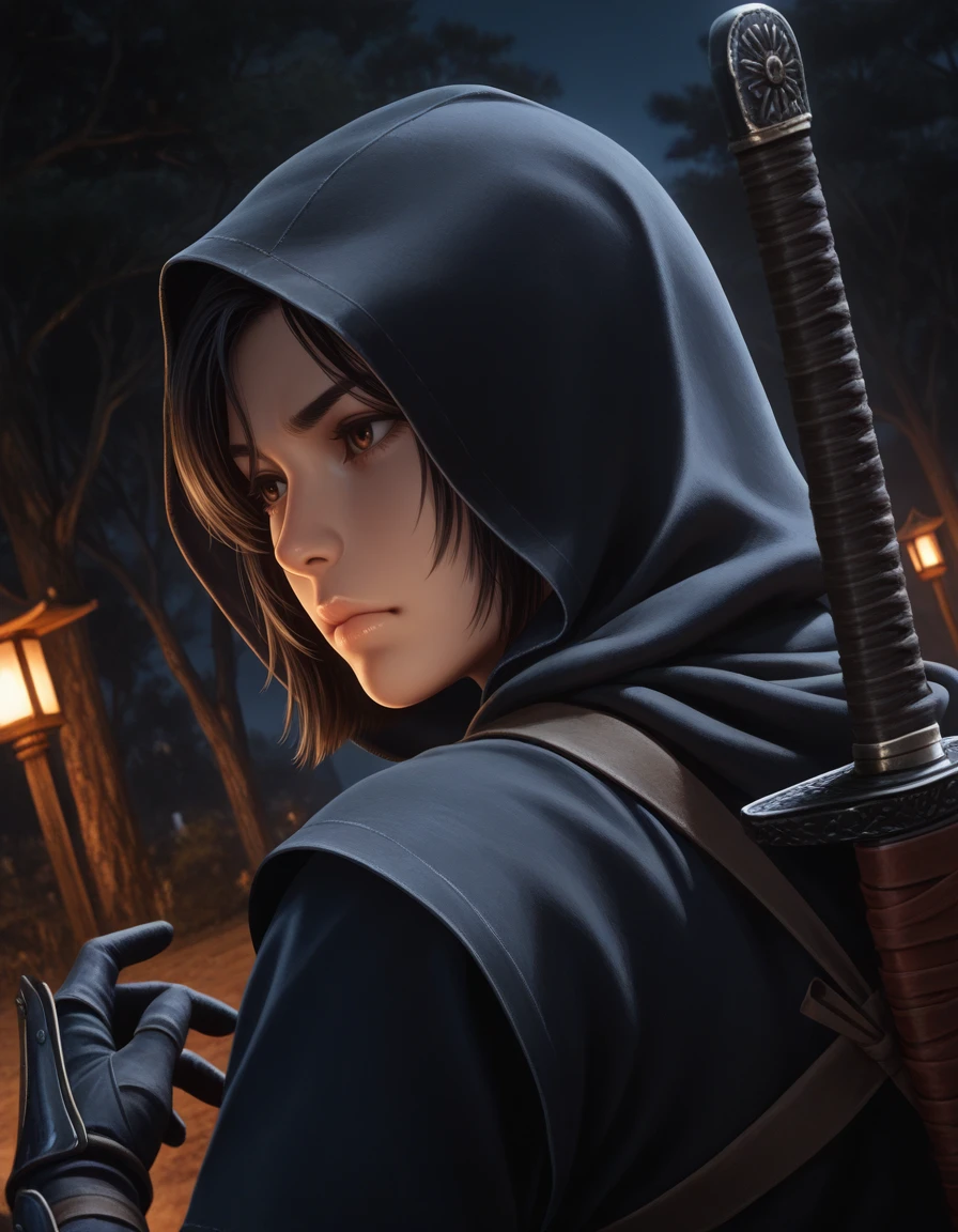 1girl, ACNaoe, gloves, black hair, brown eyes, short hair, dark [blue::0.4] ninja outfit, , sword on back, close-up
,,,,,,
, from behind, feudal japan, medieval, dynamic angle, hood
, outdoors, trees, , serious expression
, night
,  masterpiece, best quality, realistic, <lora:IL_ACShadows_t4-100-64:1.0>
