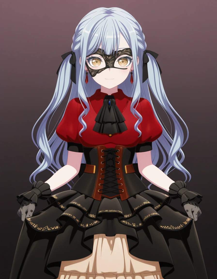 masterpiece, best quality, amazing quality, gradient background,
1girl, looking at viewer, solo, light smile, cowboy shot,
oblivionis outfit, black hair ribbon, domino mask, earrings, red dress, jewelry, ascot, short sleeves, puffy sleeves, black gloves, corset, frills, layered dress,
sakiko togawa (bang dream! ave mujica), long hair, wavy hair, light blue hair, braid, pigtails, sidelocks, gold eyes,
<lora:sakiko_togawa-bang_dream!_ave_mujica_s1-v2-ixl-anime-soralz:1>