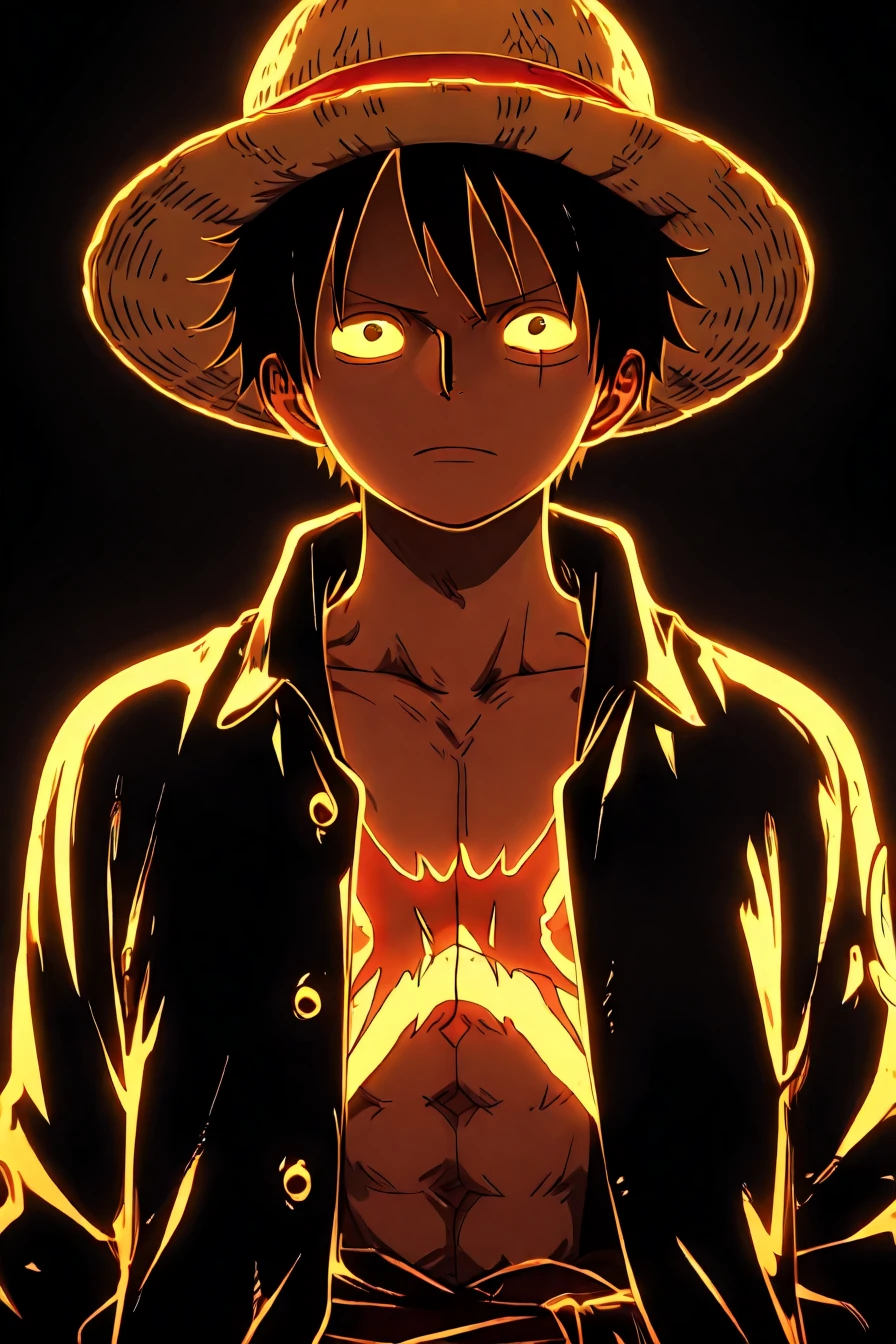 <lora:LUFFY_pony_XL:0.6>, Luffy, jacket, scar on chest, straw hat, black hair, 1boy, solo, alone, <lora:neon_silhouette_illustriousXL:1>, neon_silhouette_style, silhouette, shaded face, monochrome, masterpiece, highres