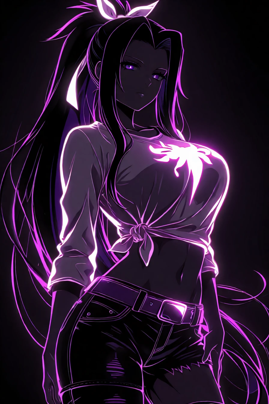 looking at the viewer, asymmetrical clothes, navel, purple eyes, very long hair, tied shirt, midriff, hair ribbon, single pantsleg, white shirt, glowing shirt, ponytail, black hair, large breasts, jeans, white ribbon, belt, purple hair, asymmetrical legwear, 1girl, solo, alone, <lora:neon_silhouette_illustriousXL:1>, neon_silhouette_style, silhouette, monochrome, masterpiece, highres