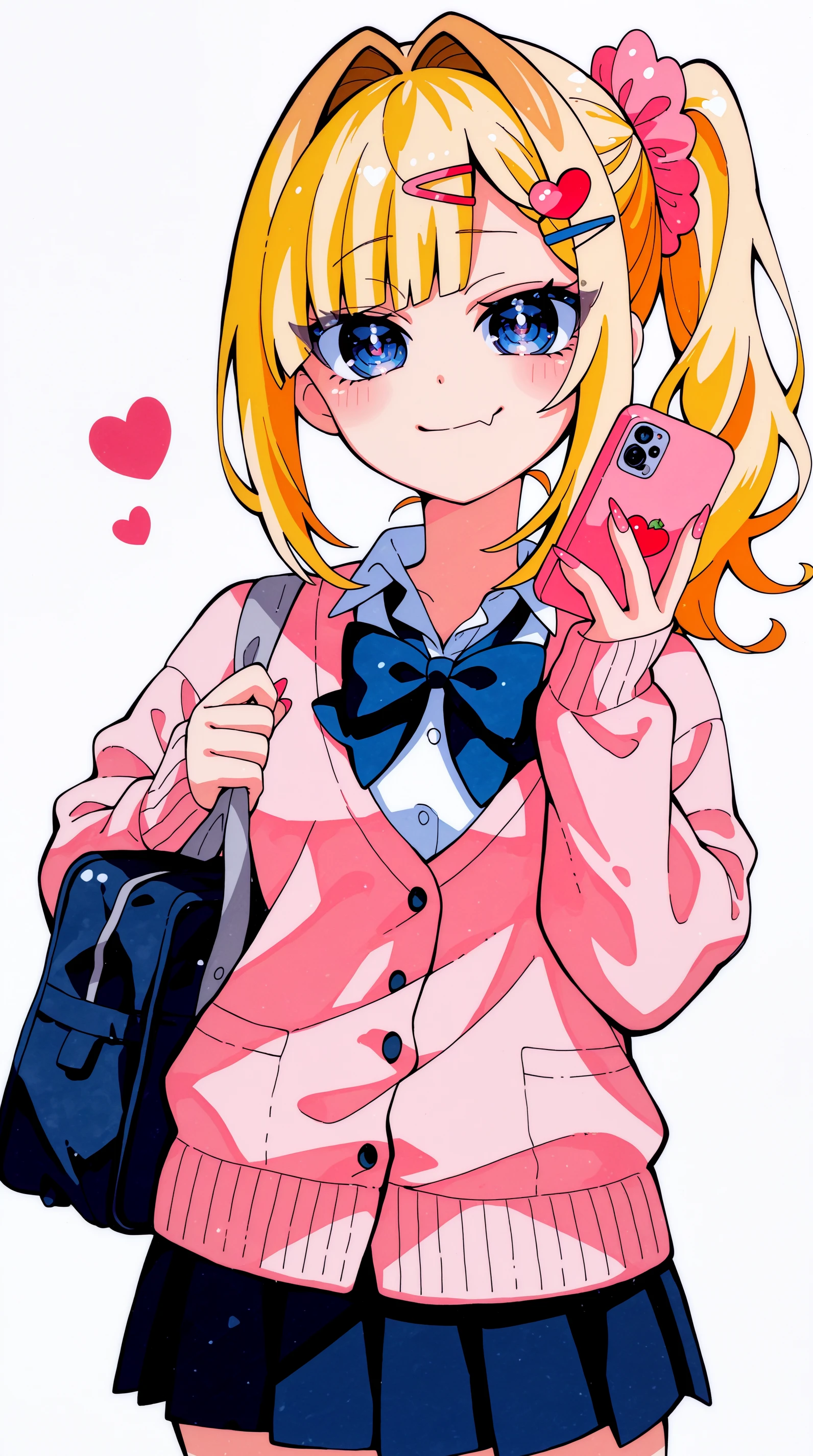 masterpiece, best quality,high quality, newest, highres,absurdres,  traditional media,  NanaseKirumi, 1girl, blonde hair, skirt, solo, hair ornament, bow, school uniform, pleated skirt, phone, fang, side ponytail, looking at viewer, cardigan, bag, smile,  collared shirt, shirt, pink cardigan, pink nails, long sleeves, bangs, hair intakes, heart, blue eyes, cellphone, hairclip <lora:Nanase_Kirumi_Style_IL:1>