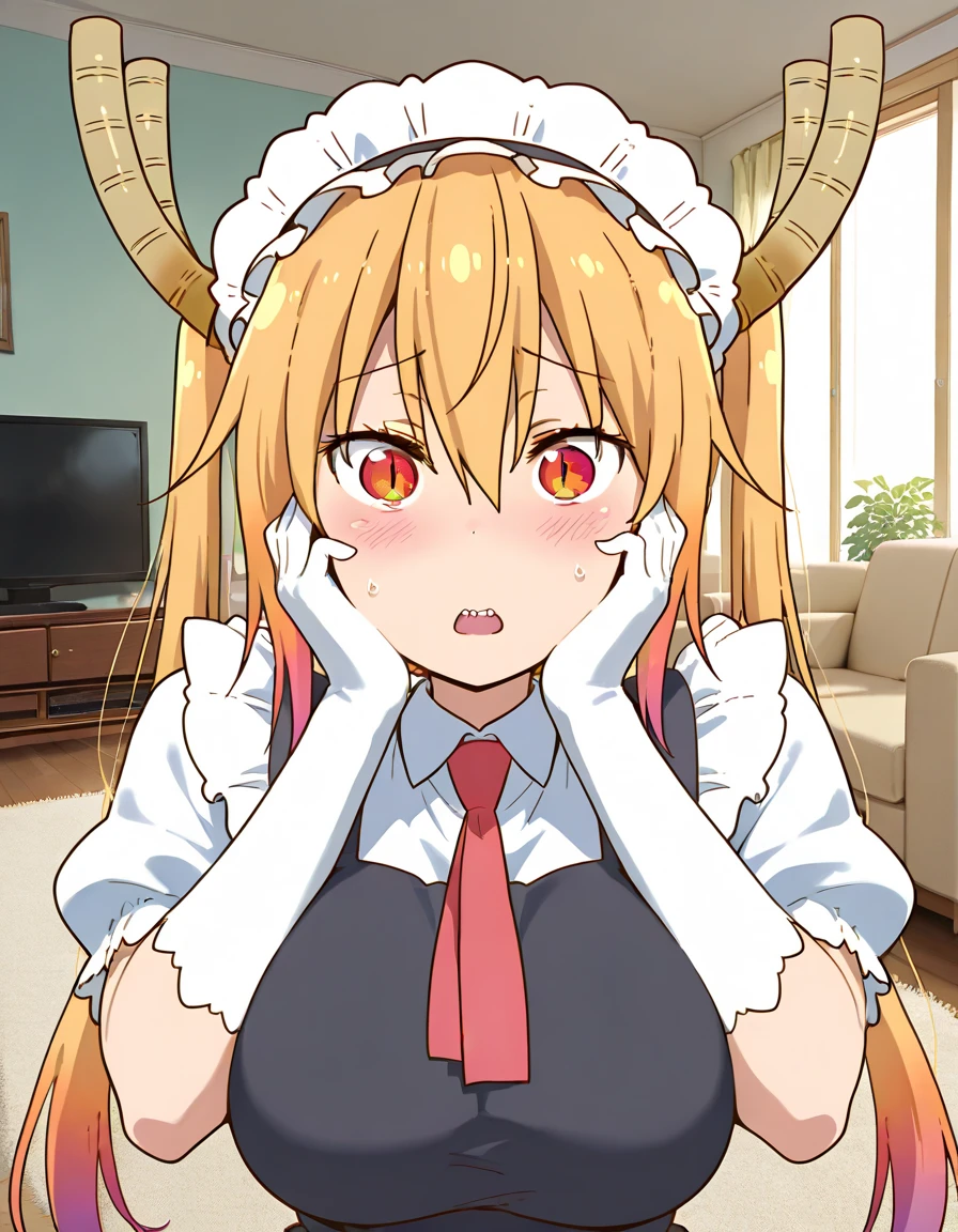 masterpiece, 4k, high quality, best quality, tohru (maidragon), 1girl, solo, long hair, blonde hair, dragon horns, dragon girl, twintails, multicolored hair, maid headdress, maid, gradient hair, red necktie, surprised face, hands on face, slit pupils, looking at viewer, hair between eyes, white gloves, orange hair, blush, large breasts, short sleeves, red eyes, open mouth, elbow gloves, bangs, puffy sleeves, maid dress, upper body, <lora:Tohru_Diffusion_SD_Illustrious-05:1>, indoors, living room, couch, tv, carpet, home, indoors background