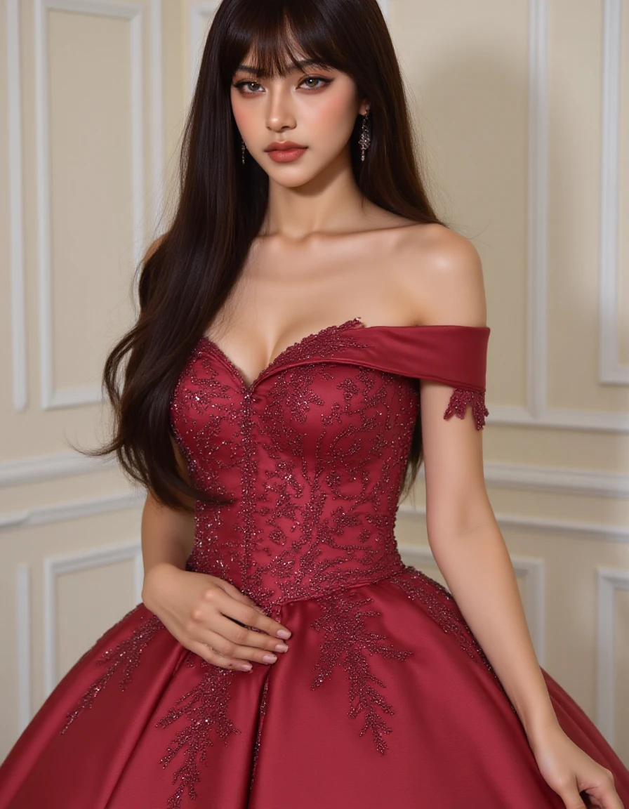 Create a glam shoot of Miss Supranational Indonesia with crown in red gown