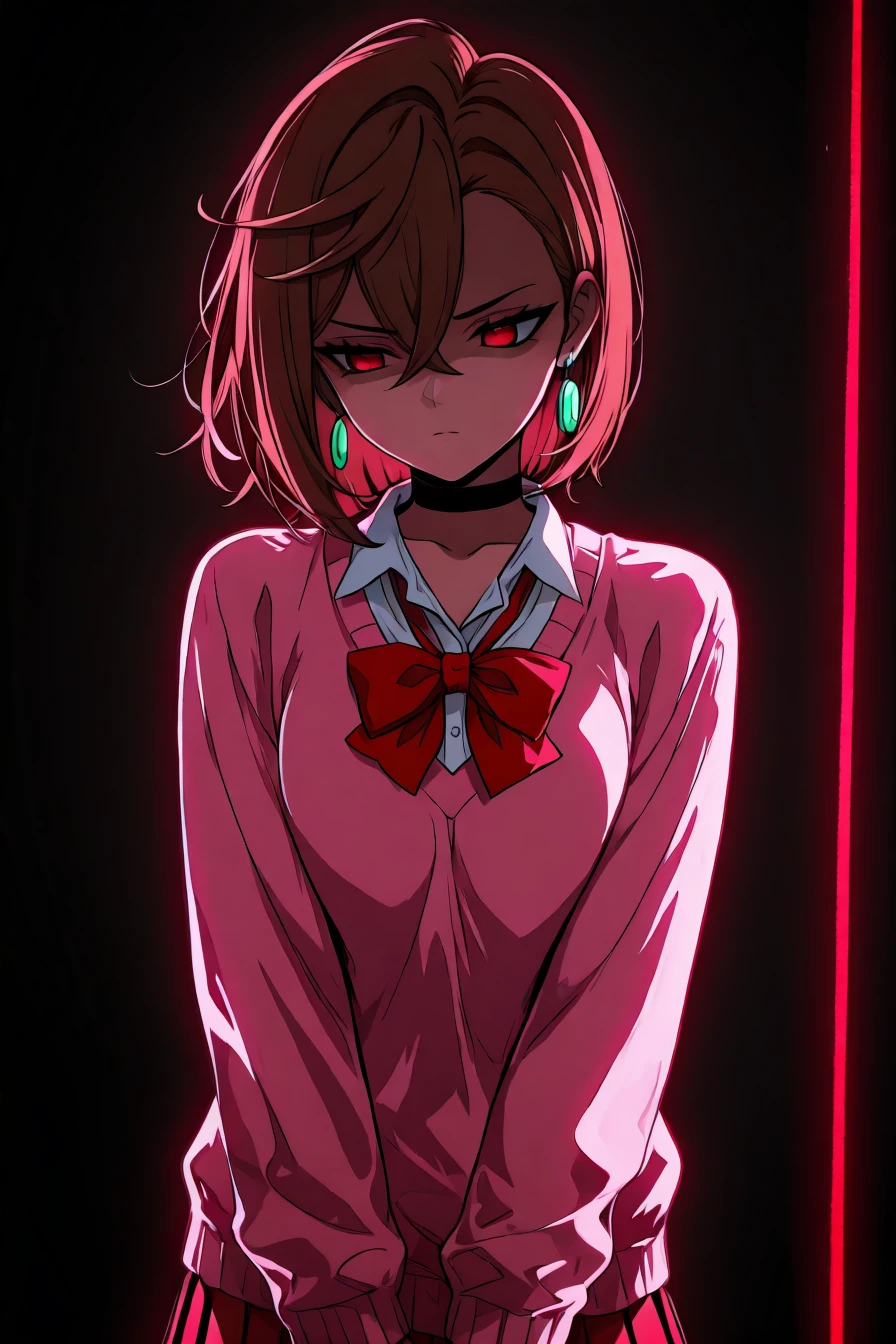 <lora:ayase_momo-koto-Illustrious v01:0.4> ayasemomo, hair between eyes, crossed bangs, green earrings, brown hair, red eyes, black choker, short hair, white shirt, red bowtie,pleated skirt,school uniform, pink cardigan, long sleeves, 1girl, solo, alone, <lora:neon_silhouette_illustriousXL:1>, neon_silhouette_style, silhouette, shaded face, monochrome, masterpiece, highres