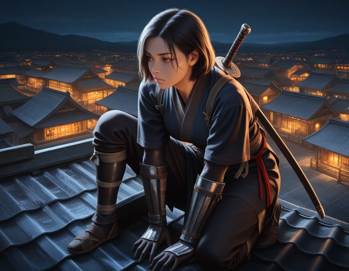 1girl, ACNaoe, gloves, black hair, brown eyes, short hair, dark [blue::0.4] ninja outfit, [red sash::0.4], sword on back, shoes
, on one knee, looking to the side, serious, one hand on roof, leaning forward,
, , night, rooftop, village, feudal japan, ancient japan, japanese castle, medieval
,  masterpiece, best quality, realistic, <lora:IL_ACShadows_t4-100-64:1.0>