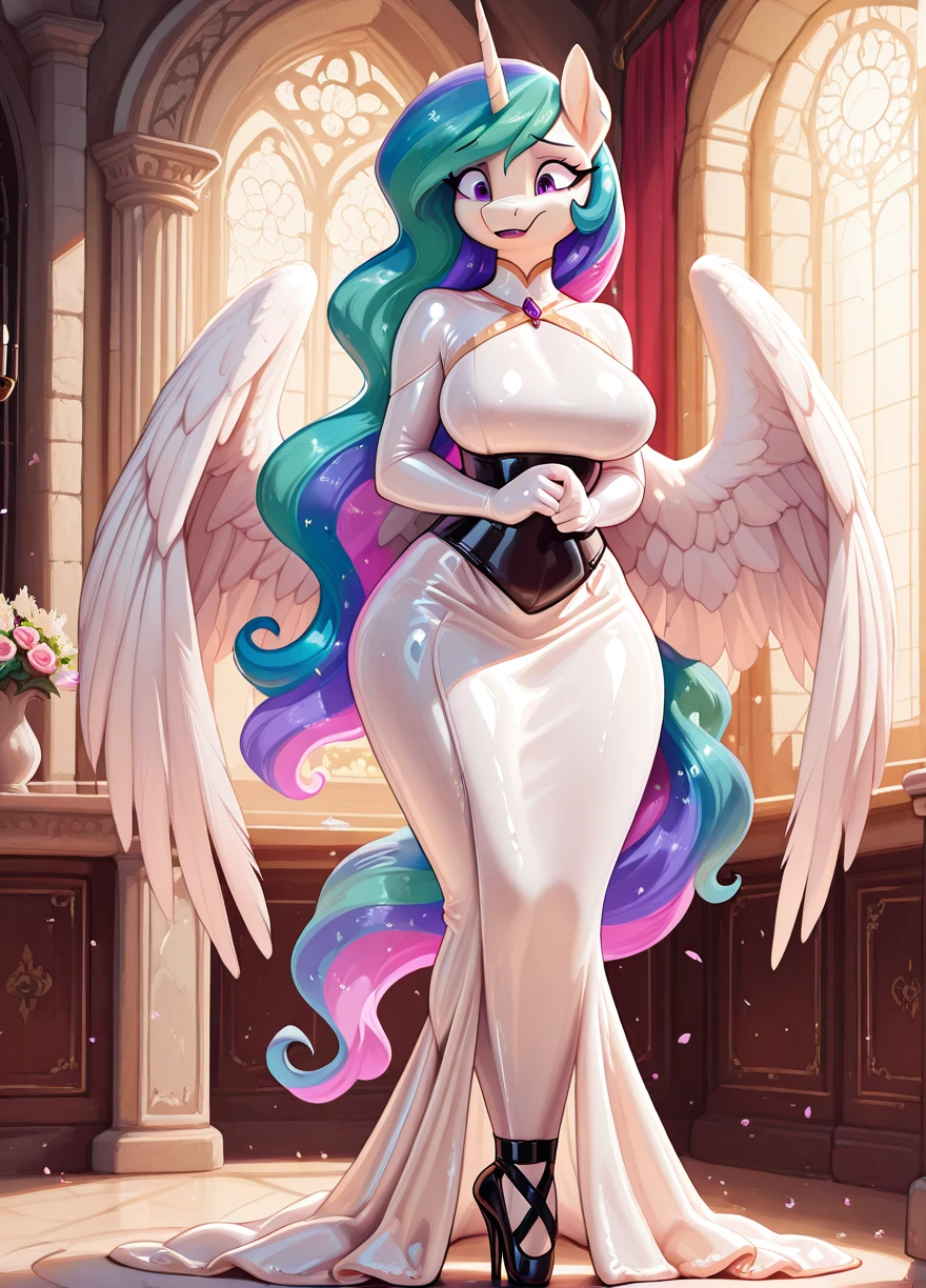 masterpiece,best quality, absurdres,in the sunshine,warm,nervous,daytime, 1girl, solo, petite girl,cute face,princess celestia,celestia, tall stature,anthro pony girl,large breasts,latex , ((hobble dress,wide dress hem,high heels, latex,fused ankles)),wide hips,fused legs,Flowing long hair,ballet-boots footwear,giggle flirt,medieval palace background,horn, feathered wings, multicolored hair, purple eyes,photorealistic details,masterpiece,best quality,amazing quality,very aesthetic, <lora:ballet-boots_v0009:0.6> <lora:Princess_Celestia:0.6> <lora:merm:0.6>