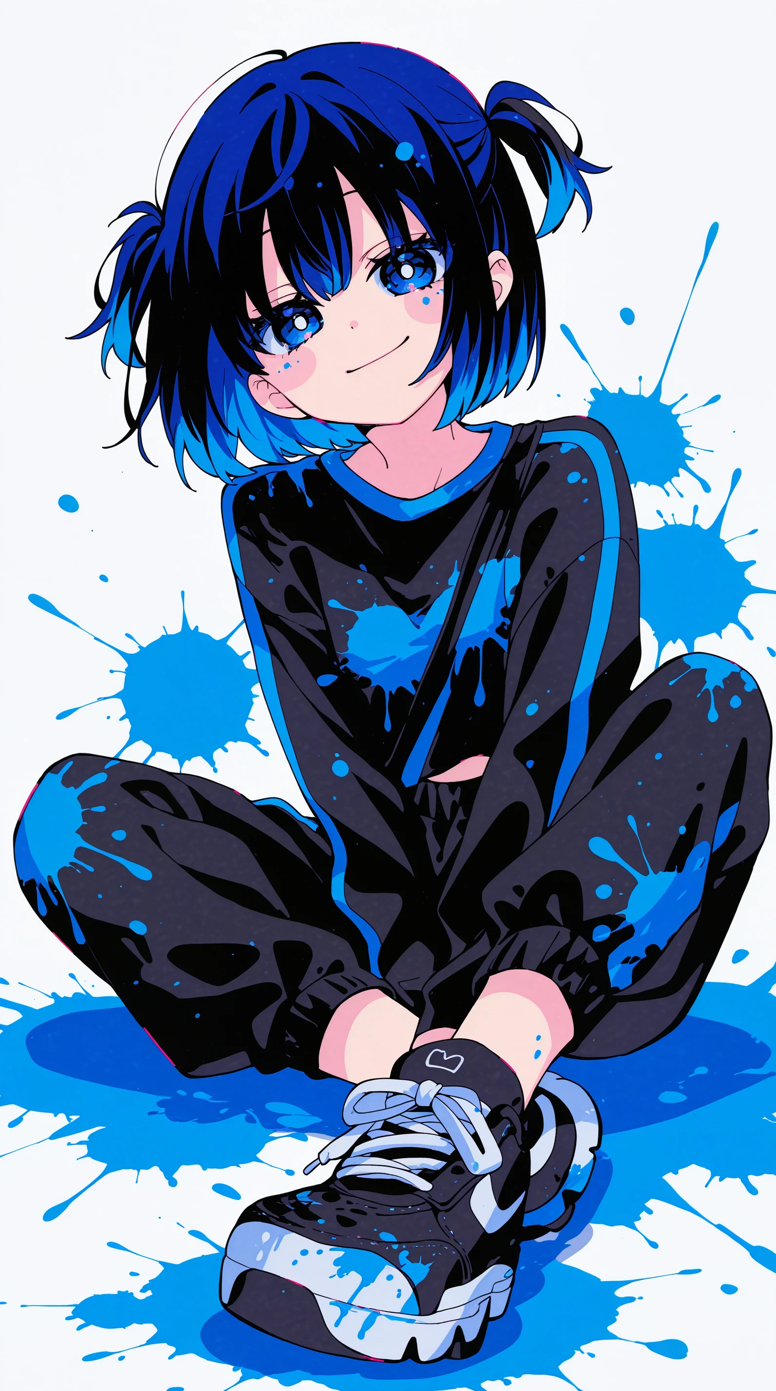masterpiece, best quality,high quality, newest, highres,absurdres, traditional media, NanaseKirumi, 1girl, solo, paint splatter, shoes, smile, sitting, pants, looking at viewer, shirt, short hair, long sleeves, bangs, closed mouth, sneakers, blue eyes, two side up, splatter, full body, black footwear, black hair, halftone, hand between legs, blue hair, black shirt <lora:Nanase_Kirumi_Style_IL:1>
