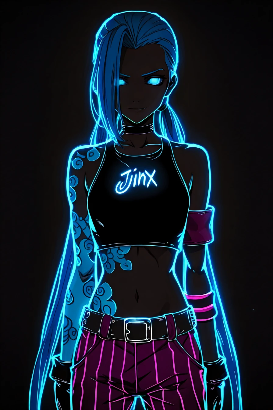jinx, blue hair, choker, smile, blue eyes, long blue twin pigtails, tattoo, glowing tattoo, glowing eyes, crop top, sleeve, armbands, purple striped pants, gloves, belt, 1girl, solo, alone, <lora:neon_silhouette_illustriousXL:1>, neon_silhouette_style, silhouette, shaded face, monochrome, masterpiece, highres
