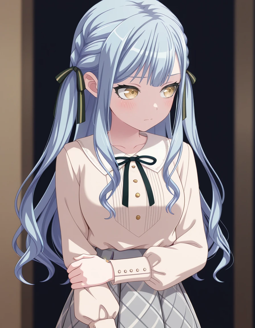 masterpiece, best quality, amazing quality, dark background, blurry background,
1girl, solo, looking away, blush,
casual outfit, white blouse, neck ribbon, long sleeves, plaid skirt,
holding own arm,
sakiko togawa (bang dream! ave mujica), long hair, wavy hair, light blue hair, braid, sidelocks, striped hair ribbon, gold eyes,
<lora:sakiko_togawa-bang_dream!_ave_mujica_s1-v2-ixl-anime-soralz:1>