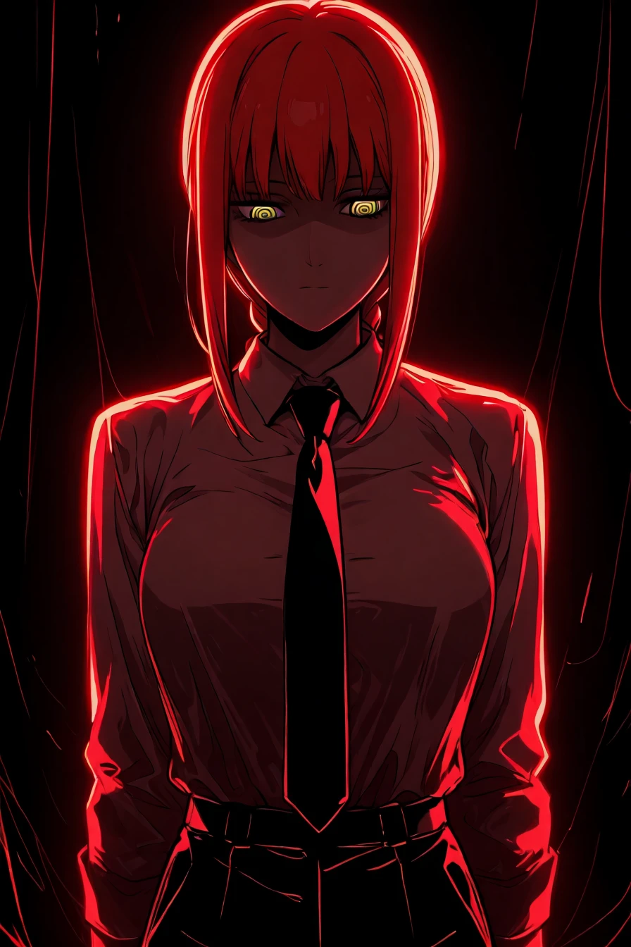 makima, red hair, long hair, yellow eyes, ringed eyes, braid, white collared shirt,black necktie, black pants, 1girl, solo, alone, <lora:neon_silhouette_illustriousXL:1>, neon_silhouette_style, silhouette, shaded face, monochrome, masterpiece, highres