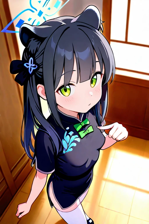 ultra-detailed,
master piece,best quality,high resolution,
beautiful eyes,detailed eyes,detailed face,
beautiful detailed eyes,symmetrical clear eyes,perfect hand,1girl,(11 year olds:1.5), Lori Body, Big Head, shy, Embarrassing, (small breasts:1.6), (Little Lori:1.5), body, low length, Cute Face, (Elementary school girl:1.5),Baby face, Children's body,Long Black Hair,Bun Hair,Two dumplings,bare shoulders, black china dress, chinese clothes, short dress, sideboob, thighs,