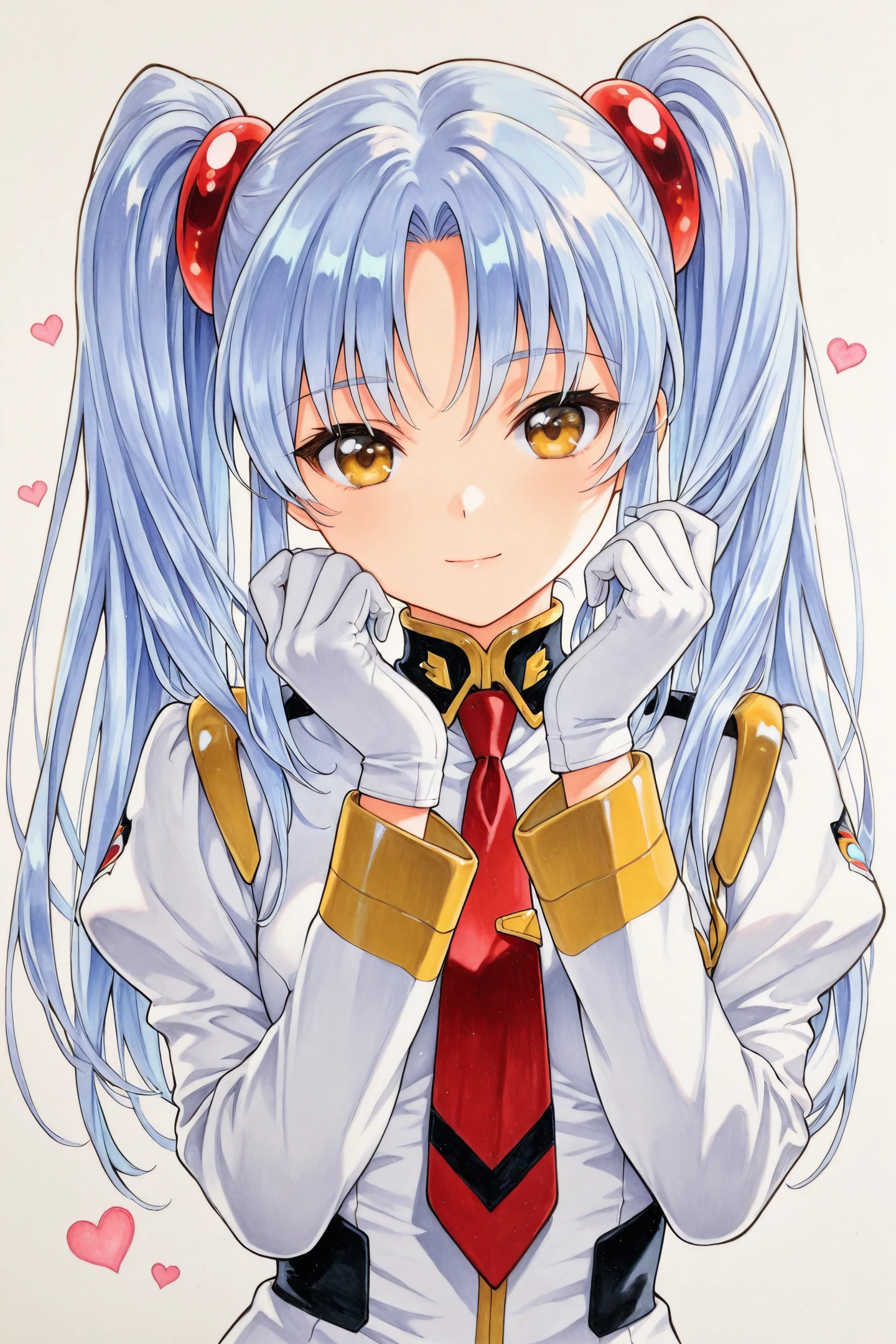 Hoshino Ruri,white uniform,1girl,solo,twintails,gloves,heart,long hair,yellow eyes,long sleeves,white background,simple background,white gloves,brown eyes,light blue hair,looking at viewer,hands up,light smile,red necktie,traditional media,
<lora:Keiji Gotoh_illustriousXL:0.4>,
<lora:Hinata Takeda_illustriousXL:1>,