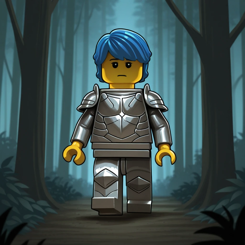 masterpiece, best quality, legominifigures, lego, no humans, 1boy, solo, blue hair, short hair, black eyes, knight armor, <lora:LegoMinifigureArtwork_illustrious_Leaf1:1>, forest, horror \(theme\), walking,