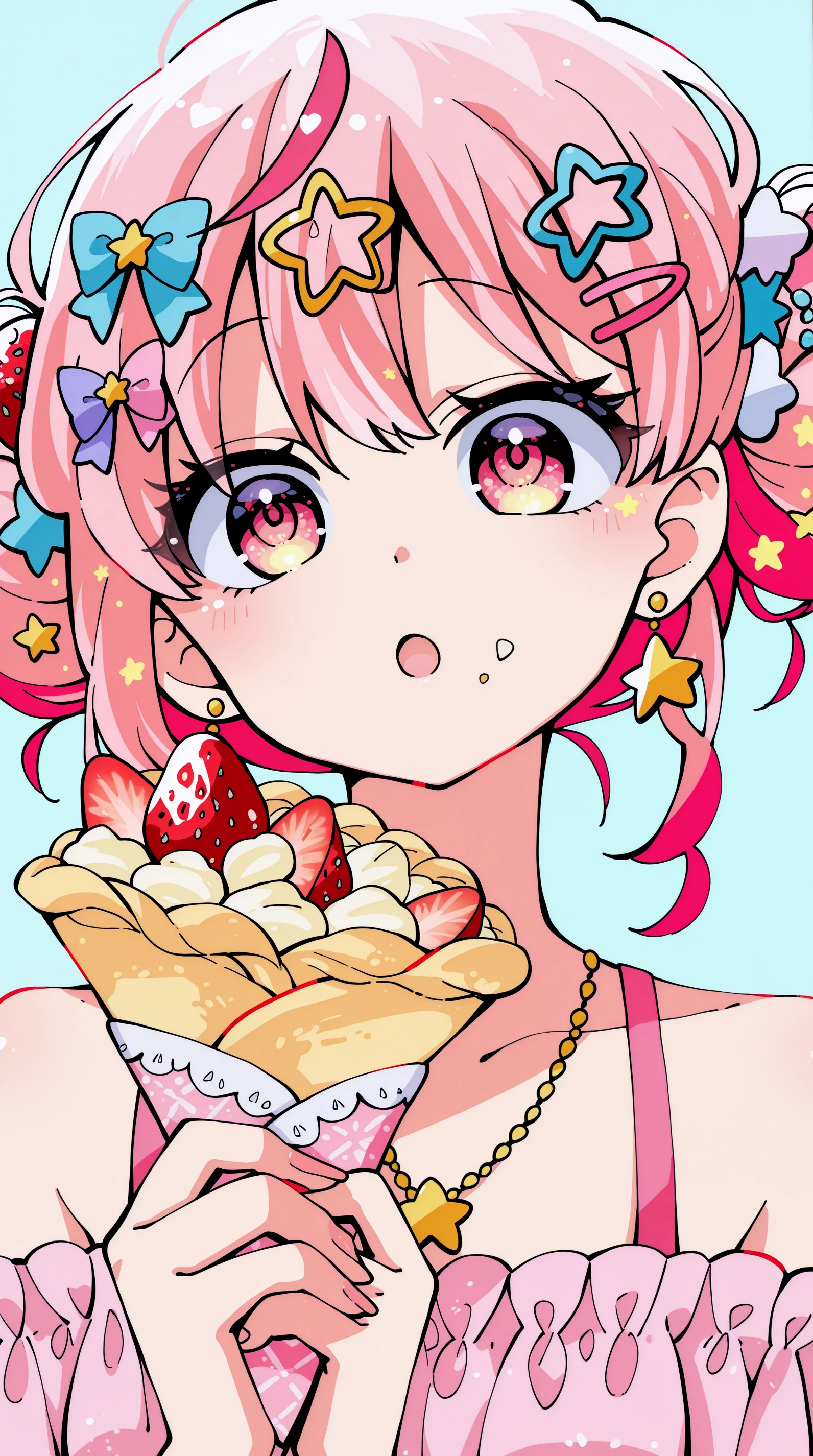 masterpiece, best quality,high quality, newest, highres,absurdres, traditional media, NanaseKirumi, 1girl, food, solo, hair ornament, hair bun, jewelry, star (symbol), double bun, earrings, hairclip, looking at viewer, strawberry, bangs, holding, bow, star hair ornament, fruit, necklace, pink hair, crepe, upper body, hair bow, food on face, :o, pink eyes, food-themed hair ornament, multicolored hair, pocky, bare shoulders, heart <lora:Nanase_Kirumi_Style_IL:1>