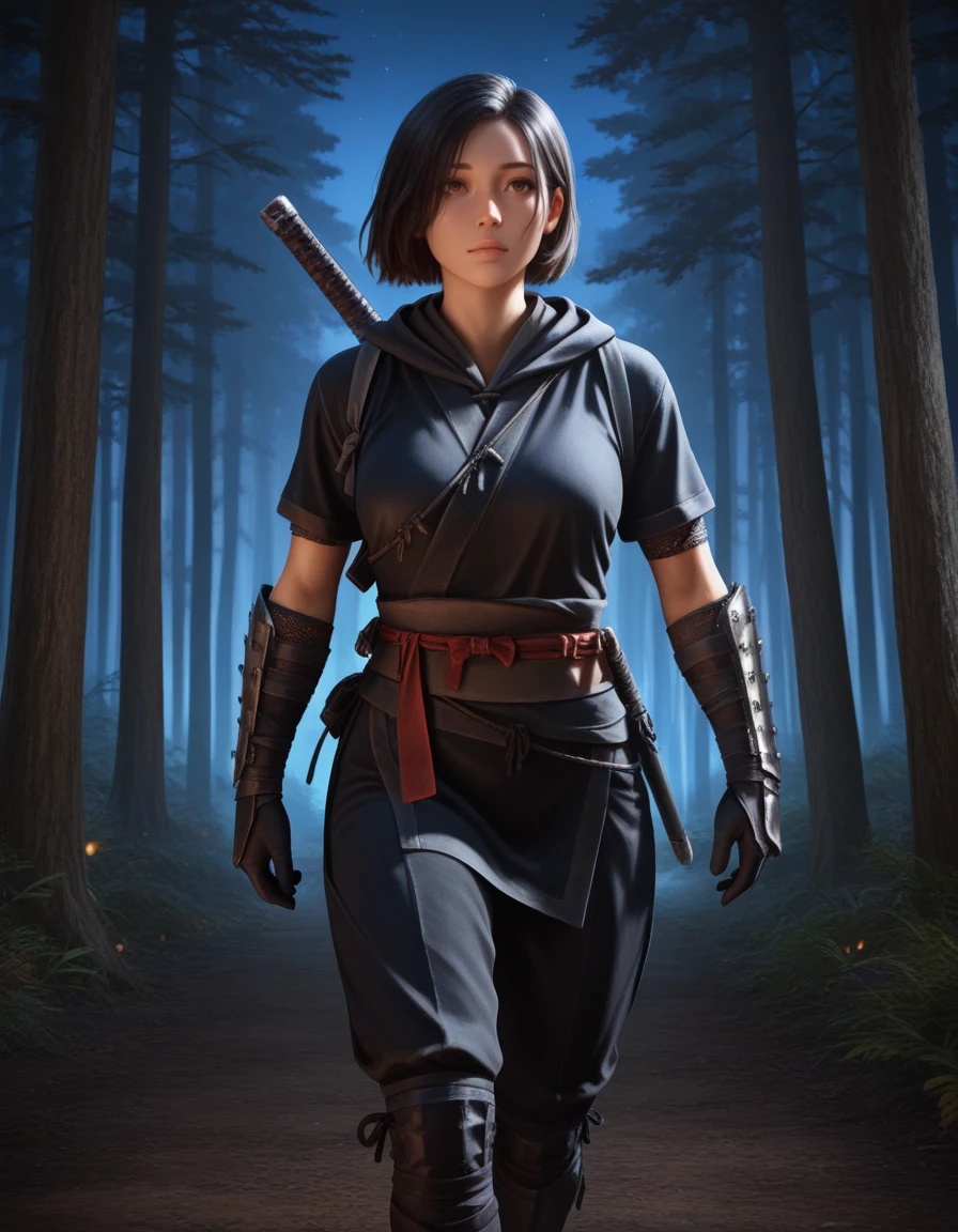 1girl, ACNaoe, gloves, black hair, brown eyes, short hair, dark [blue::0.4] ninja outfit, [red sash::0.4], sword on back, pants
, walking, forest, night, trees
,  masterpiece, best quality, realistic, <lora:IL_ACShadows_t4-100-64:1.0>