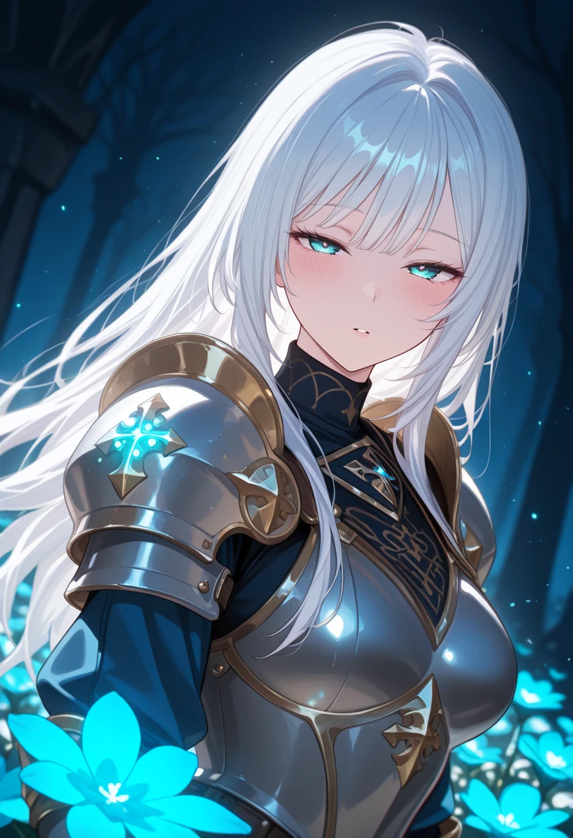 (masterpiece, best quality:1.2), amazing quality, very aesthetic, 32k, absurdres, newest, scenery,
1girl, solo, long hair, looking at viewer, blush, blue eyes, upper body, white hair, flower, parted lips, armor, aqua eyes, glowing, shoulder armor, gauntlets, pauldrons, knight, bangs, blue theme
,half-closed eyes, mature female,
,dutch angle, dark background, (night:0.8), blurry background, glowing light particles, depth of field <lora:PHM_style_IL_v3.3:1.0>