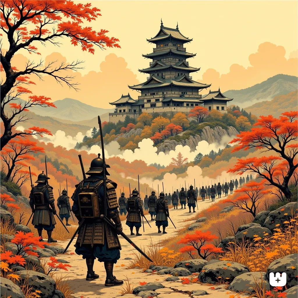 Inksplash art on rice paper, blending sepia and henna tones with fluid, expressive strokes. A towering Japanese medieval castle stands majestically atop a mist-shrouded hill, its intricate wooden eaves and curved rooftops silhouetted against a golden autumn sunset. Below, disciplined ranks of samurai and soldiers in ornate, battle-worn armor stand in formation, their silhouettes stark yet graceful, blades glinting faintly in the fading light. Rolling hills and dense woodlands stretch into the distance, their foliage ablaze with crimson and amber leaves, swirling gently in the evening breeze. Ink splatters and flowing brushstrokes enhance the scene’s dynamic energy, evoking the elegance of traditional Japanese poster art. A masterpiece of silhouette and contrast, rich with history and atmosphere.