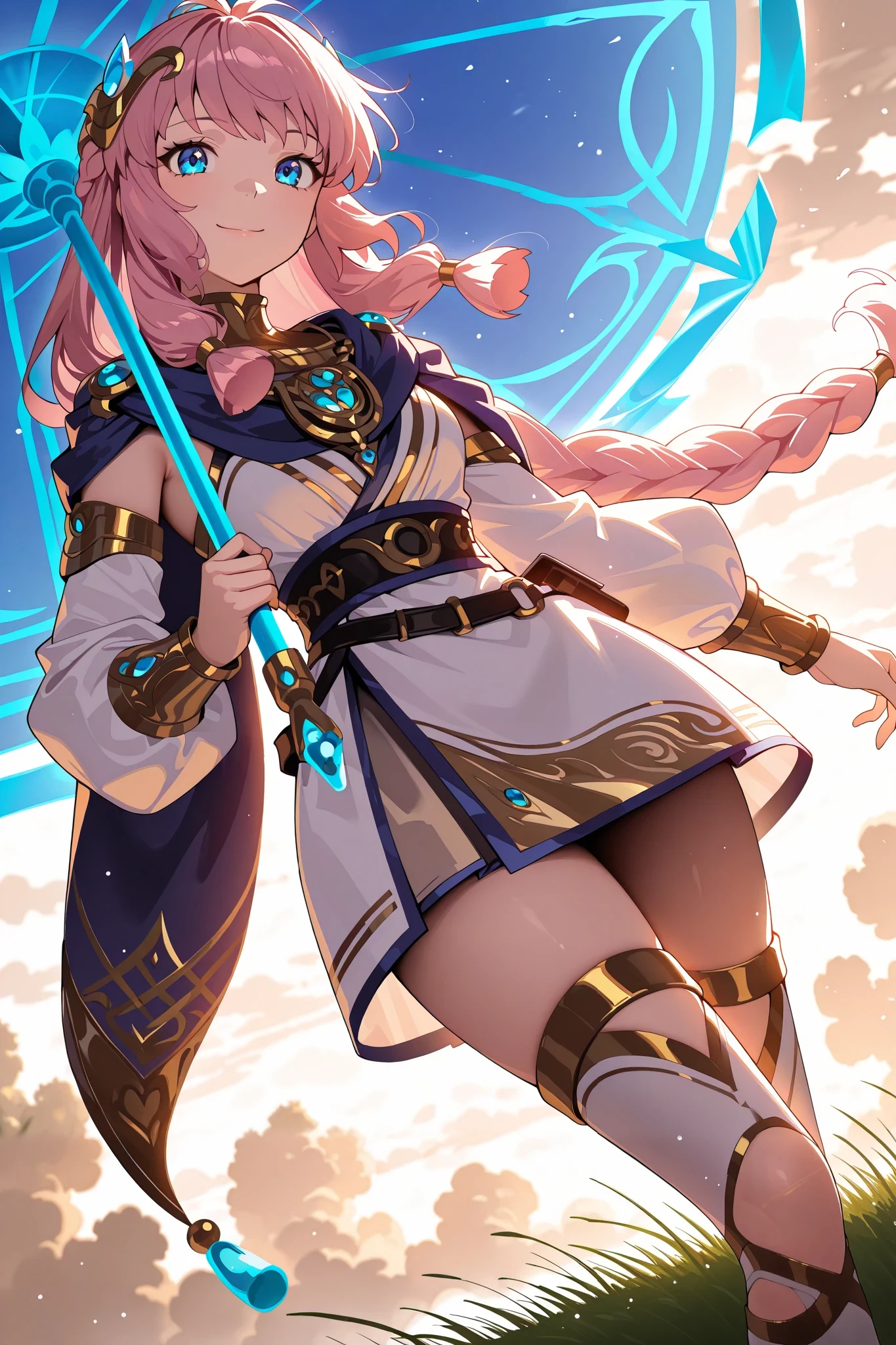 dw01-3400、Woman with a weapon emerging from her body、cute、Magic circles appear above your head and at your feet.、