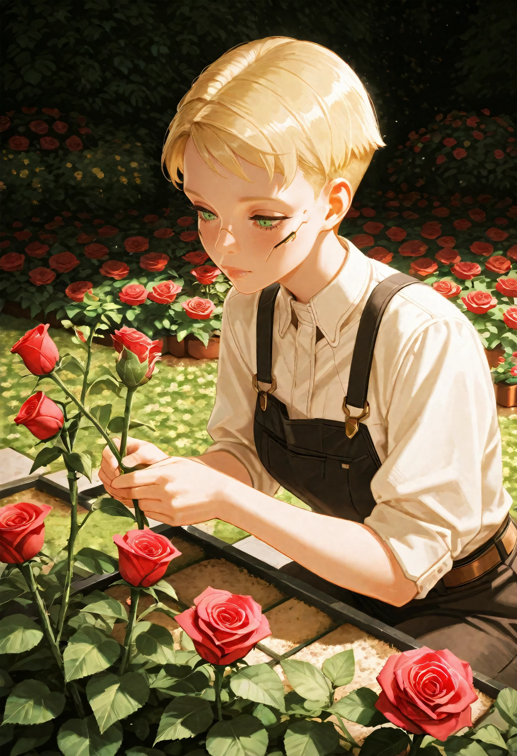 masterpiece, best quality, amazing quality, very aesthetic, absurdres, newest,
<lora:ILCyberSandraDorsett:1.0>
CyberSandraDorsett, 1girl, blonde hair, short hair, green eyes, rose garden, gardening, floral background