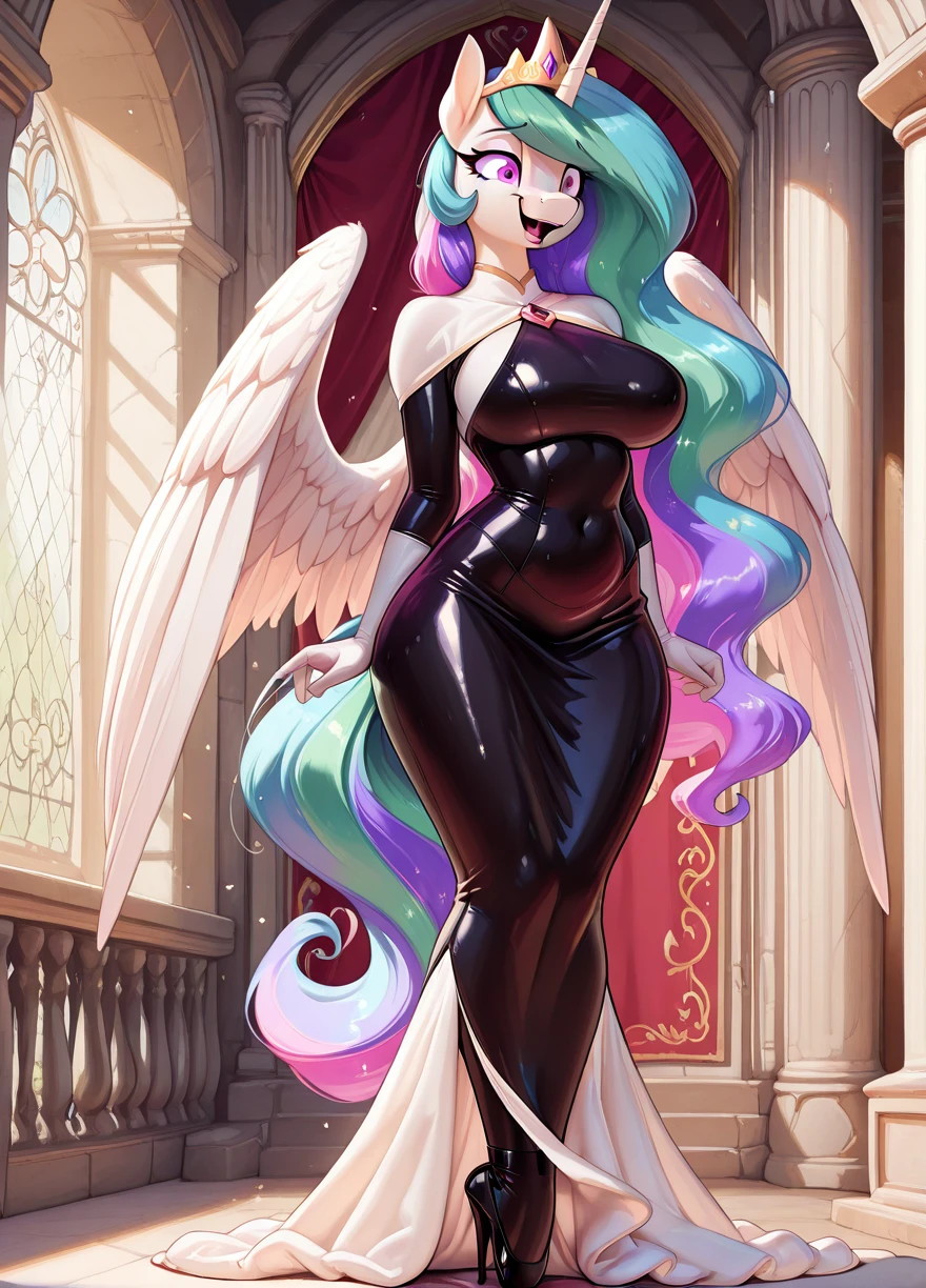 masterpiece,best quality, absurdres,in the sunshine,warm,nervous,daytime, 1girl, solo, petite girl,cute face,princess celestia,celestia, tall stature,anthro pony girl,large breasts,latex , ((hobble dress,wide dress hem,high heels, latex,fused ankles)),wide hips,fused legs,Flowing long hair,ballet-boots footwear,giggle flirt,medieval palace background,horn, feathered wings, multicolored hair, purple eyes,photorealistic details,masterpiece,best quality,amazing quality,very aesthetic, <lora:ballet-boots_v0009:0.6> <lora:Princess_Celestia:0.6> <lora:merm:0.6>