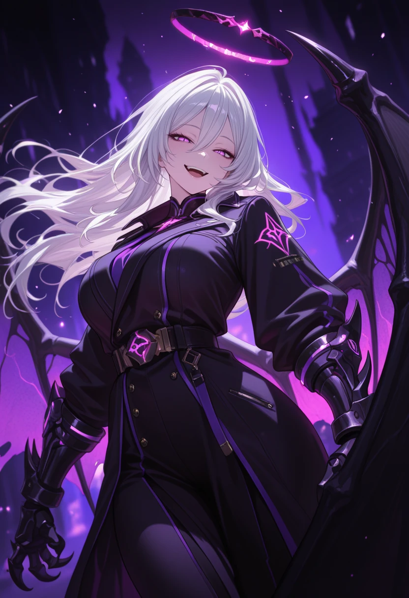 (masterpiece, best quality:1.2), amazing quality, very aesthetic, 32k, absurdres, newest, scenery,
1girl, purple eyes, slit pupils, (white hair), long hair, sharp hair, floating hair, crazy eyes, evil grin, open mouth, black coat, neon trim, purple trim, gauntlets, sharp fingers, looking at viewer, belt, demon wings, huge wings, tall wings, halo, naughty face, purple theme, hair between eyes,
,half-closed eyes, mature female,
,dutch angle, dark background, (night:0.8), blurry background, glowing light particles, depth of field <lora:PHM_style_IL_v3.3:1.0>