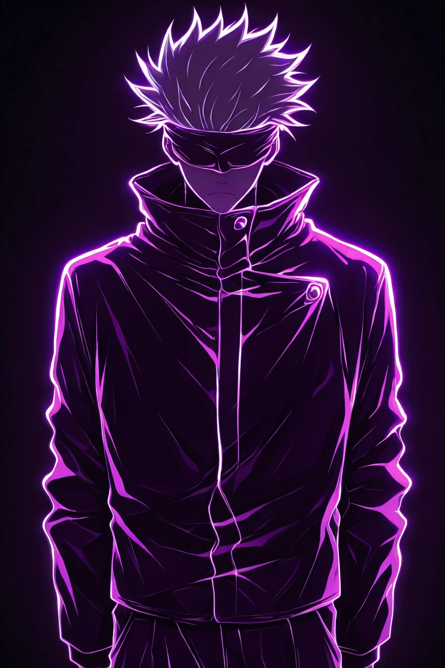 gojou satoru, white hair, purple pants, high collar, blindfold, covered eyes, black blindfold, purple jacket, purple pants, 1boy, solo, alone, <lora:neon_silhouette_illustriousXL:1>, neon_silhouette_style, silhouette, shaded face, monochrome, masterpiece, highres