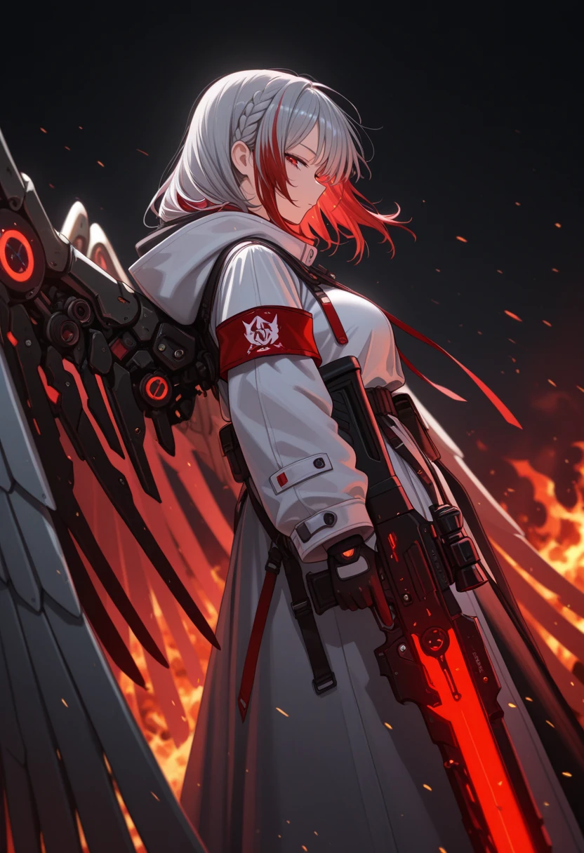 (masterpiece, best quality:1.2), amazing quality, very aesthetic, 32k, absurdres, newest, scenery,
1girl, solo, looking at viewer, long sleeves, gloves, red eyes, holding, closed mouth, jacket, grey hair, braid, weapon, multicolored hair, red hair, wings, medium hair, hood, holding weapon, two-tone hair, from side, coat, gun, profile, glowing, hood down, black background, fire, holding gun, armband, side braid, rifle, science fiction, white coat, hooded coat, mechanical wings, embers, half-closed eyes, mature female, huge wings, serious, medium breasts,
,dutch angle, dark background, (night:0.8), blurry background, glowing light particles, depth of field <lora:PHM_style_IL_v3.3:1.0>